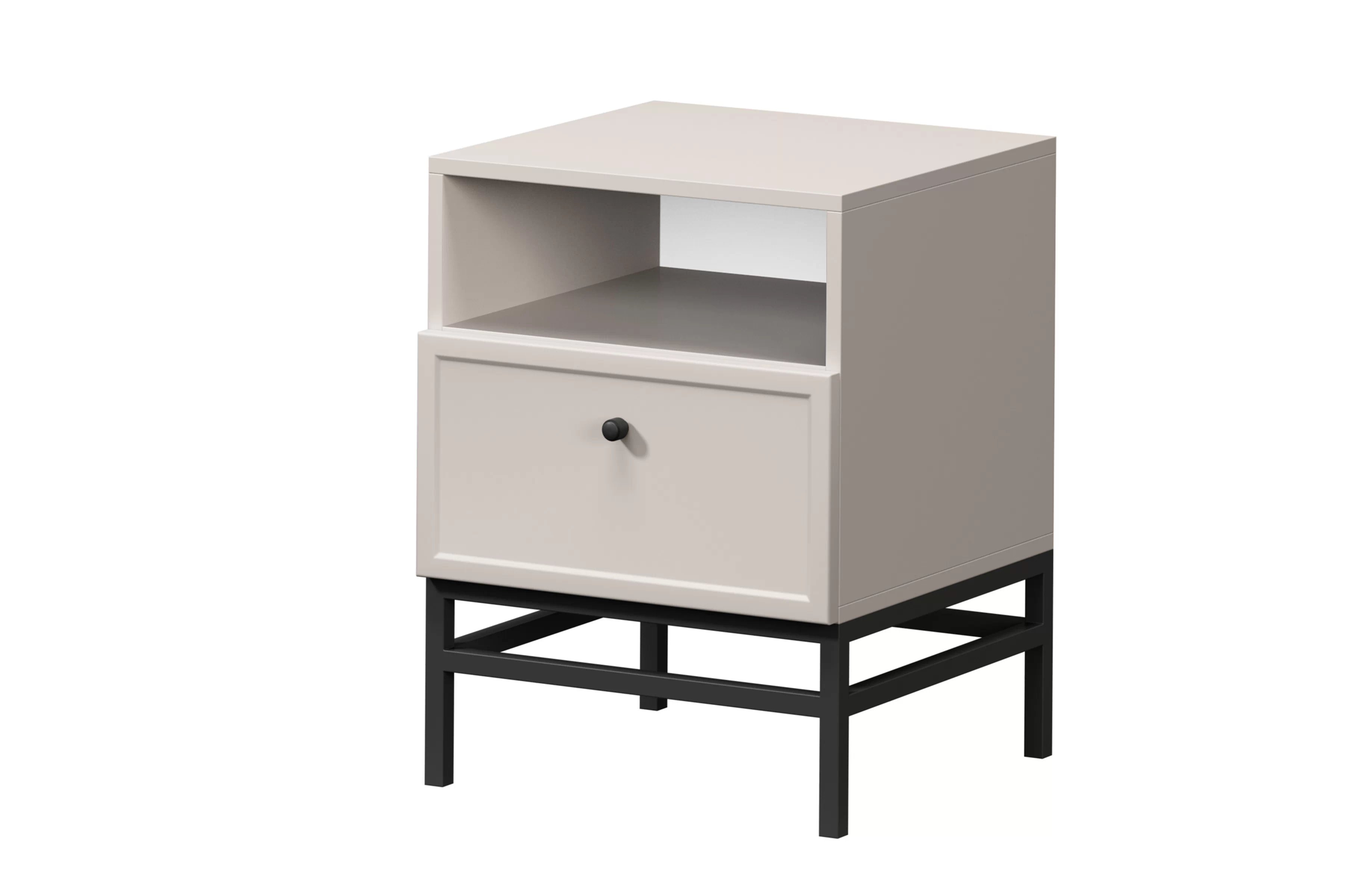 Nočný stolík Lorini so zásuvkou 45 cm - kašmír / čierna úchytka / kovová podnož Nočný Stolík Lorini z szuflada 45 cm - kašmír / Čierny Úchytka / Rošt