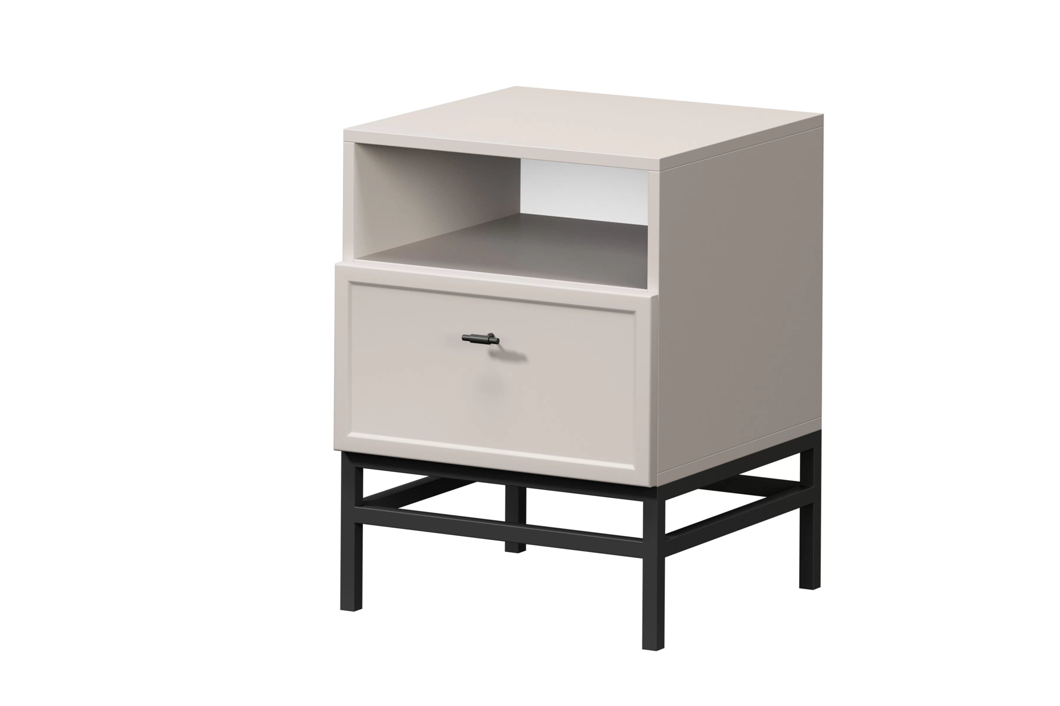 Nočný stolík Lorini so zásuvkou 45 cm - kašmír / čierna T-bar úchytka / kovová podnož Nočný Stolík Lorini z szuflada 45 cm - kašmír / Čierny Úchytka T-bar / Rošt