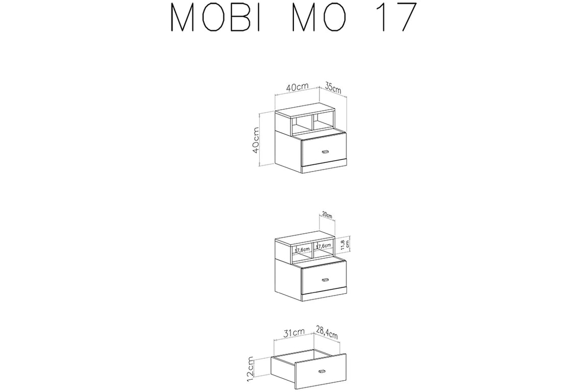 Nočný stolík Mobi MO17 40 cm - biely / Tyrkysová Nočný stolík Mobi MO17 - Biely / Tyrkysová - Rozmery