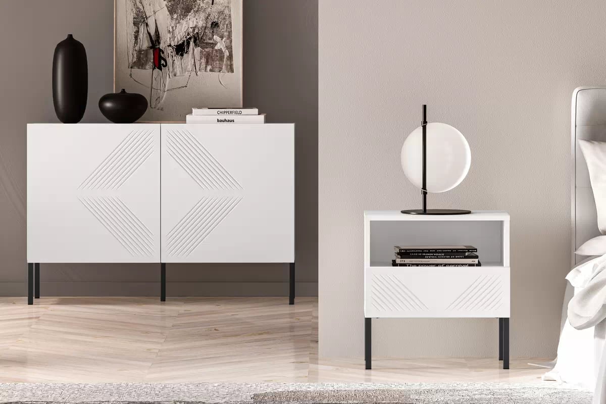 Nočný stolík Pingli 05 50 cm - biely mat / čierny Nohy Nočný Stolík Pingli 05 z szuflada 50 cm - biely mat / čierny Nohy