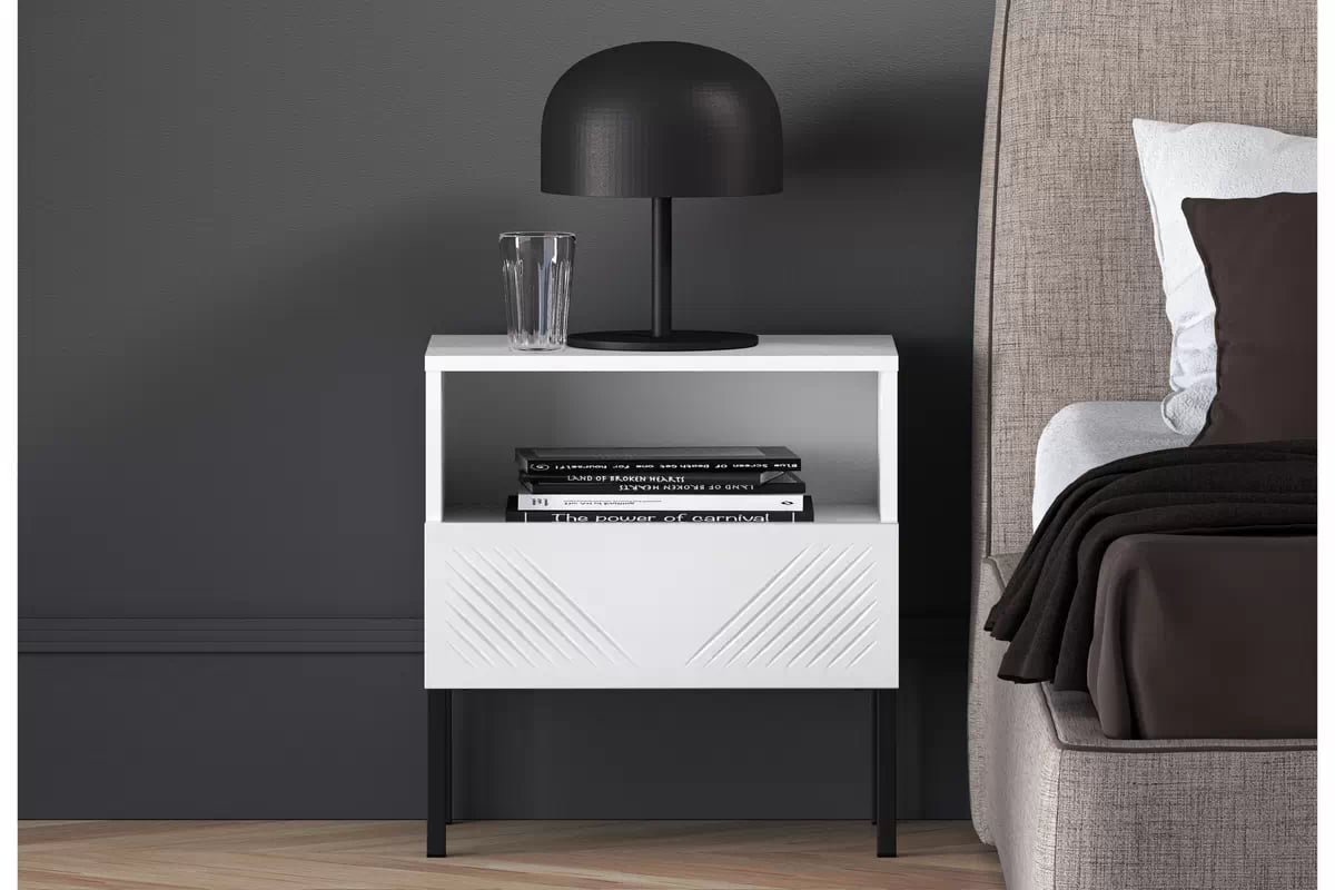 Nočný stolík Pingli 05 50 cm - biely mat / čierny Nohy Nočný Stolík Pingli 05 z szuflada 50 cm - biely mat / čierny Nohy