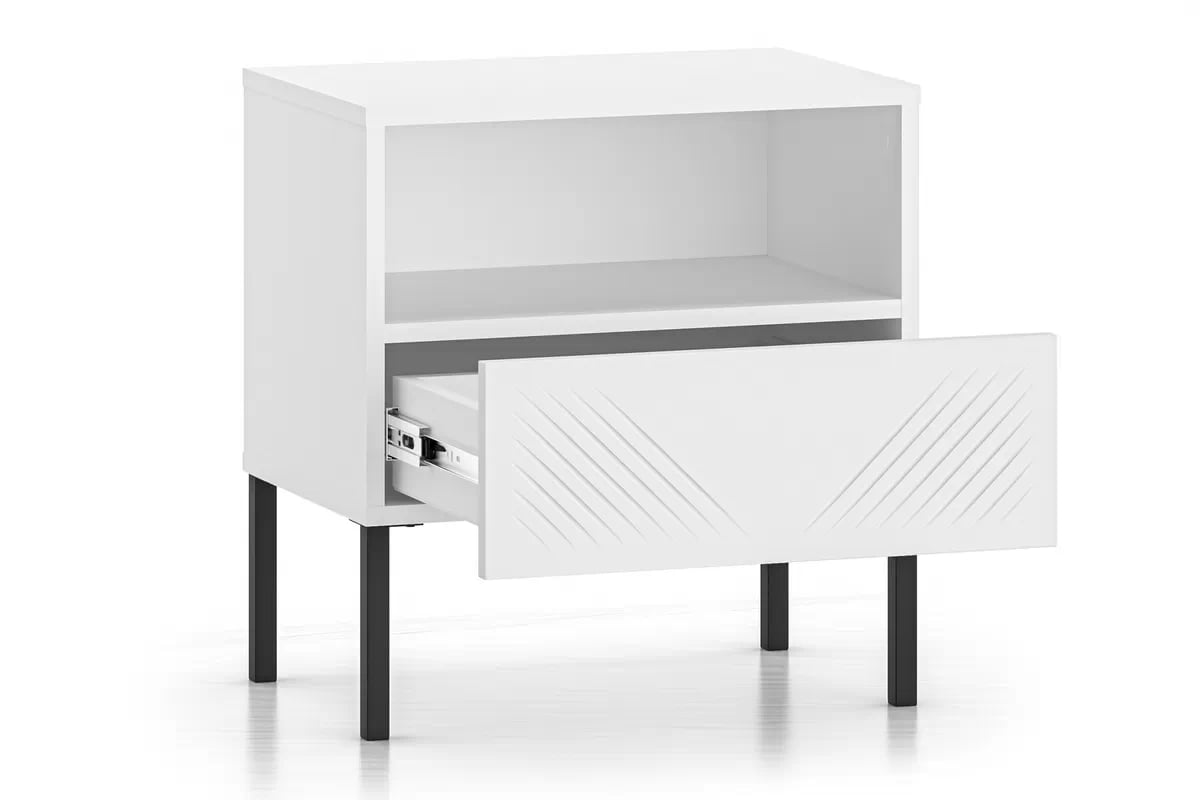 Nočný stolík Pingli 05 50 cm - biely mat / čierny Nohy Nočný Stolík Pingli 05 z szuflada 50 cm - biely mat / čierny Nohy