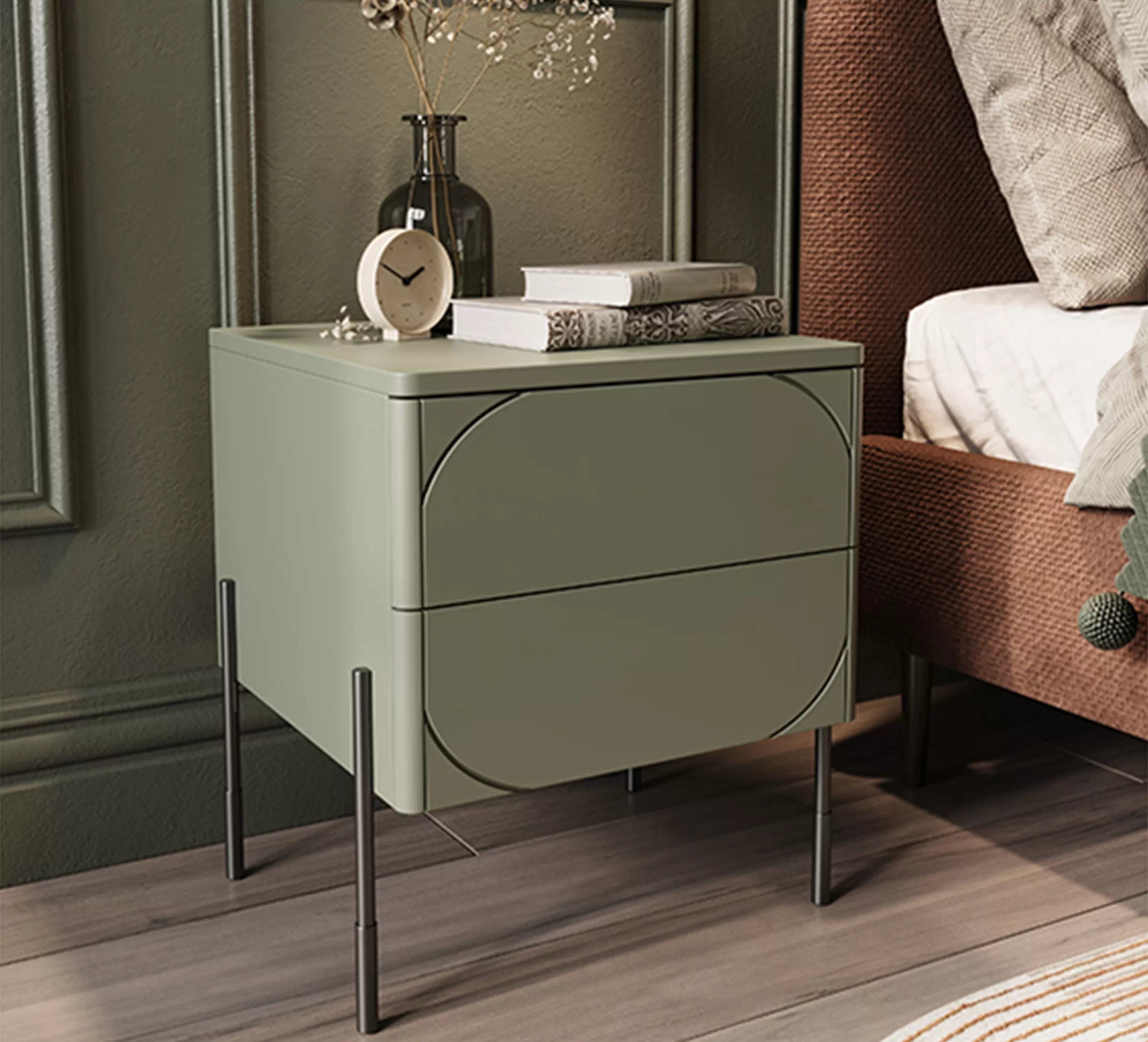 Nočný stolík Sonatia 45 cm - olivová Nočný Stolík s dvoma zásuvkami Sonatia na kovových nohách 45 cm - Oliva