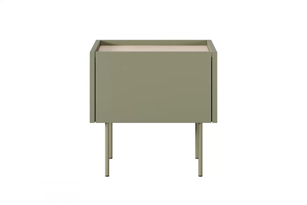 Nočný stolík Desin 45 cm - olivová / dub nagano Nočný stolík so zásuvkou Desin 45 - Oliva / Dub nagano - predná strana