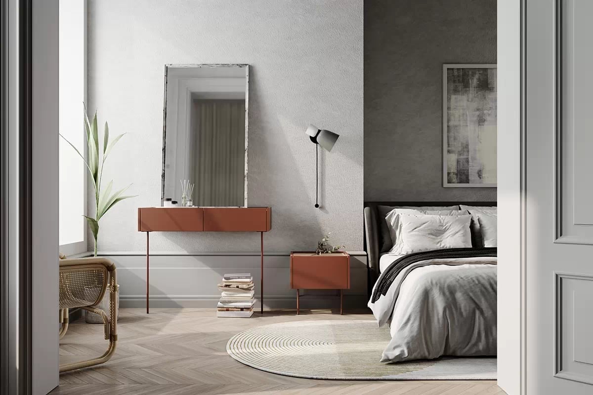 Nočný stolík so zásuvkou Desin 45 - ceramic red / Dub nagano Nočný Stôlík so zásuvkou Desin 45 cm - ceramic red / Dub nagano - vizualizácia 1