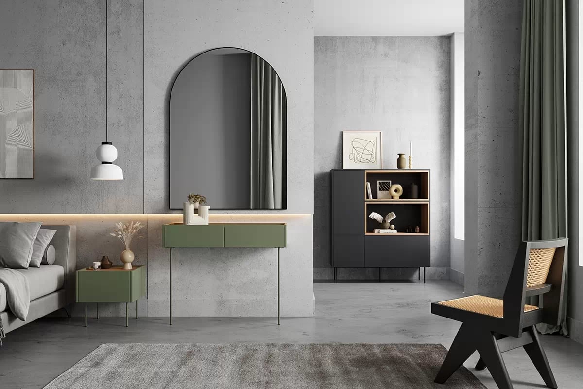 Nočný stolík Desin 45 cm - olivová / dub nagano Nočný Stolík so zásuvkou Desin 45 cm - Oliva / Dub nagano - vizualizácia 1