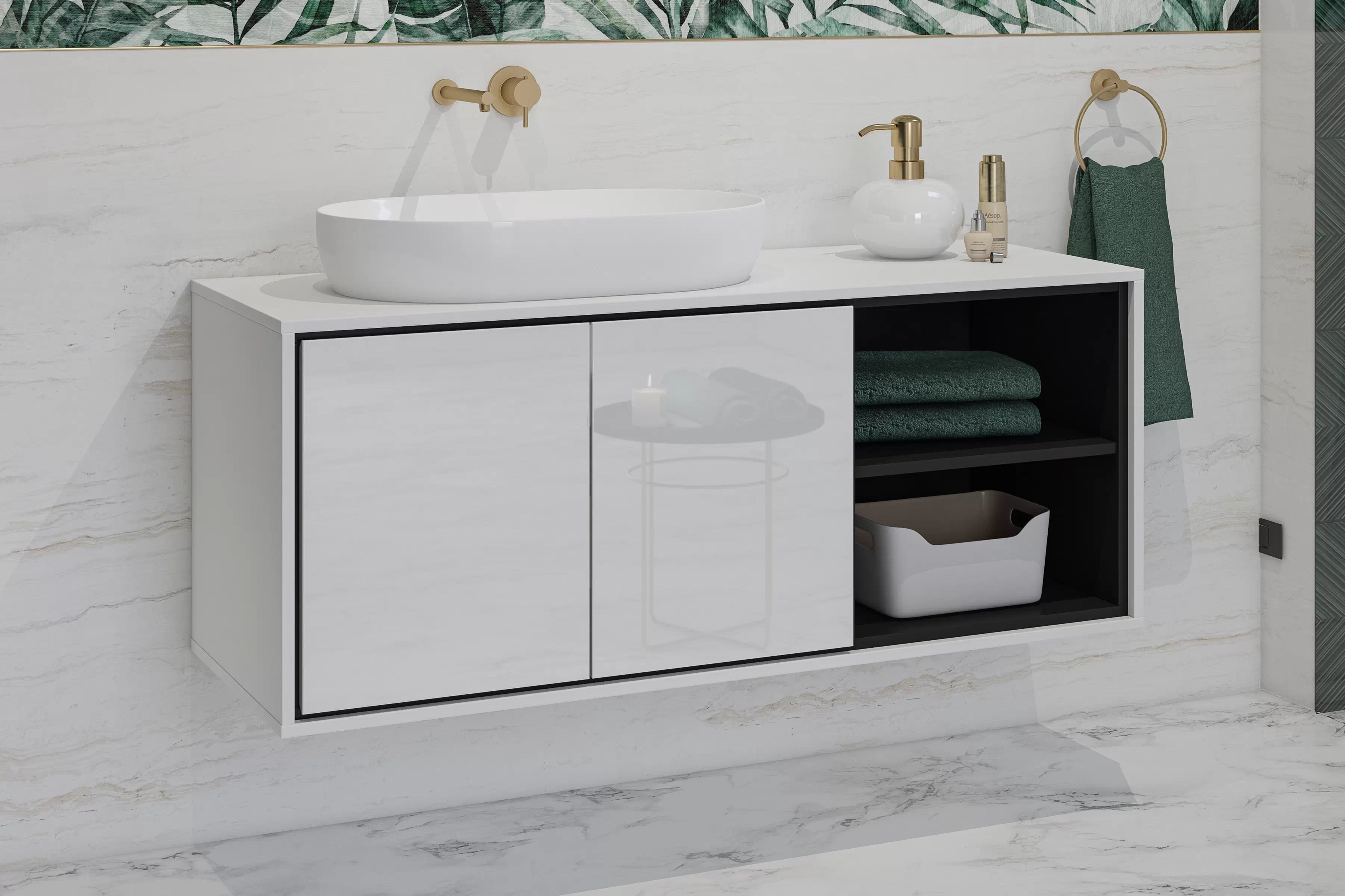 Závěsná skříňka pod umyvadlo Irvine 120 cm – bílá-černá / bílý lesk skříňka pod umywalke 2D Irvine 120 cm závěsná - bílá-černá / bílá lesk