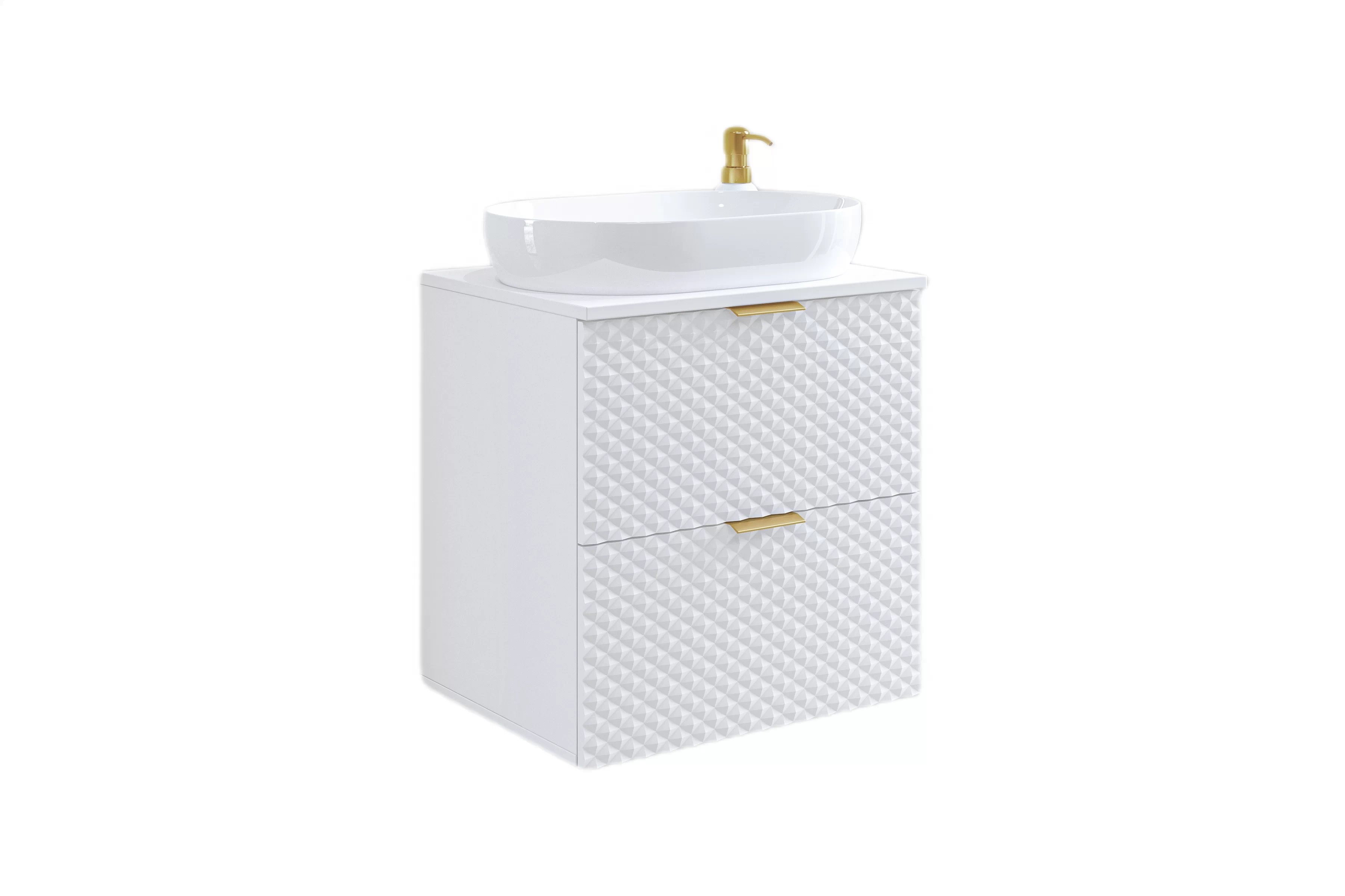 Závěsná umyvadlová skříňka Laura 60 cm se zásuvkami - bílá / bílý pyramidický mat skříňka pod umywalke Laura 60 cm závěsná se zásuvkami - bílá / bílá mat piramidki