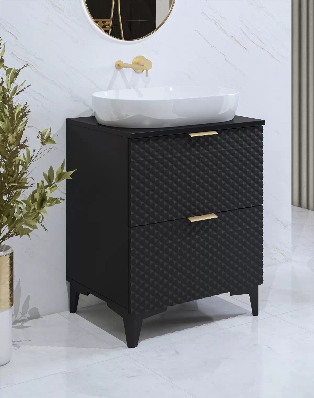 Skrinka pod umývadlo Laura 60 cm - čierny ónyx / čierny mat Skrinka pod umywalke Laura 60 cm so zásuvkami - Čierny onyx / Čierny - piramidki