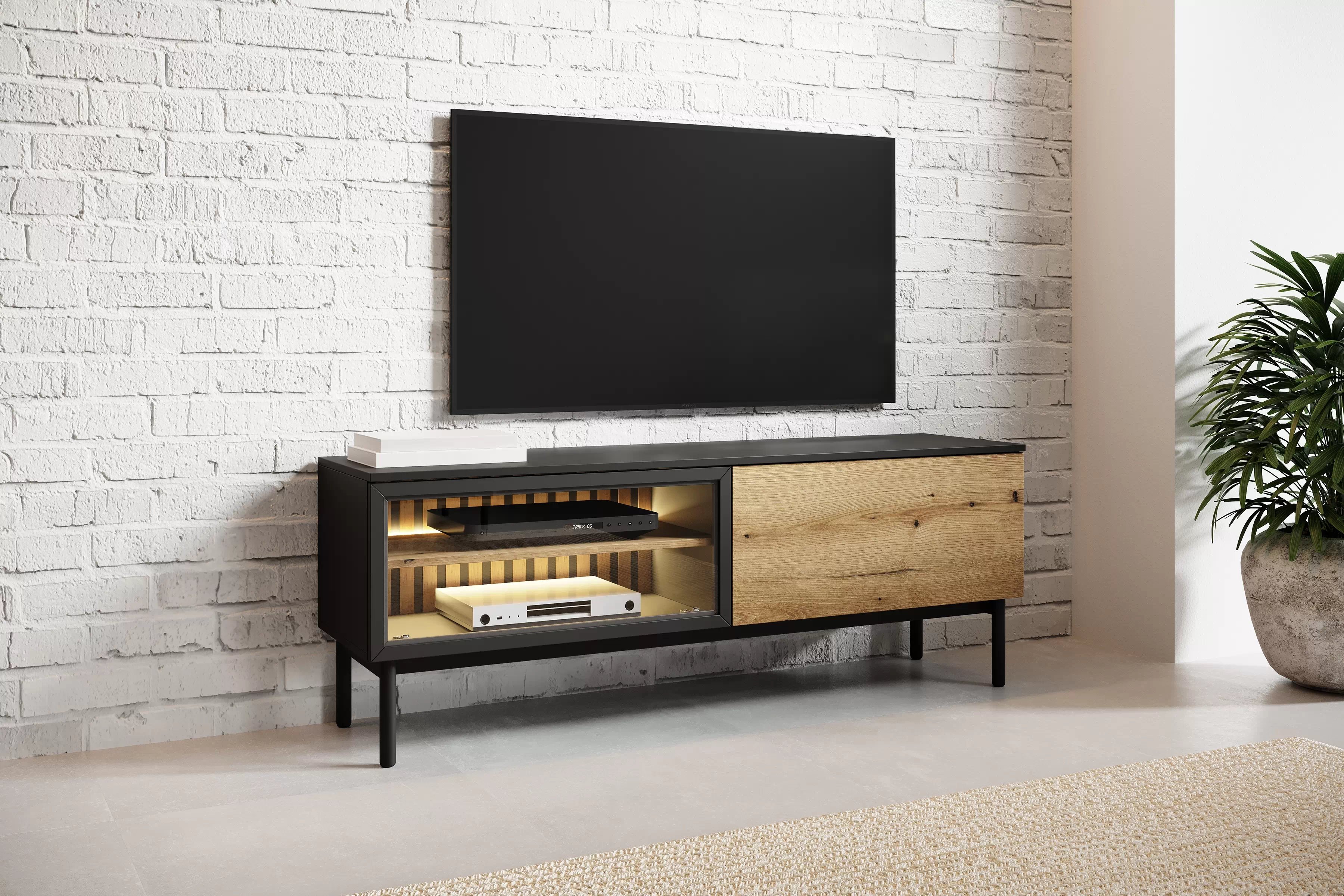 TV skrinka Noro 150 cm s LED osvetlením - dub evoke / čierna TV skrinka 150 cm s osvetlením LED - Dub evoke / Čierny