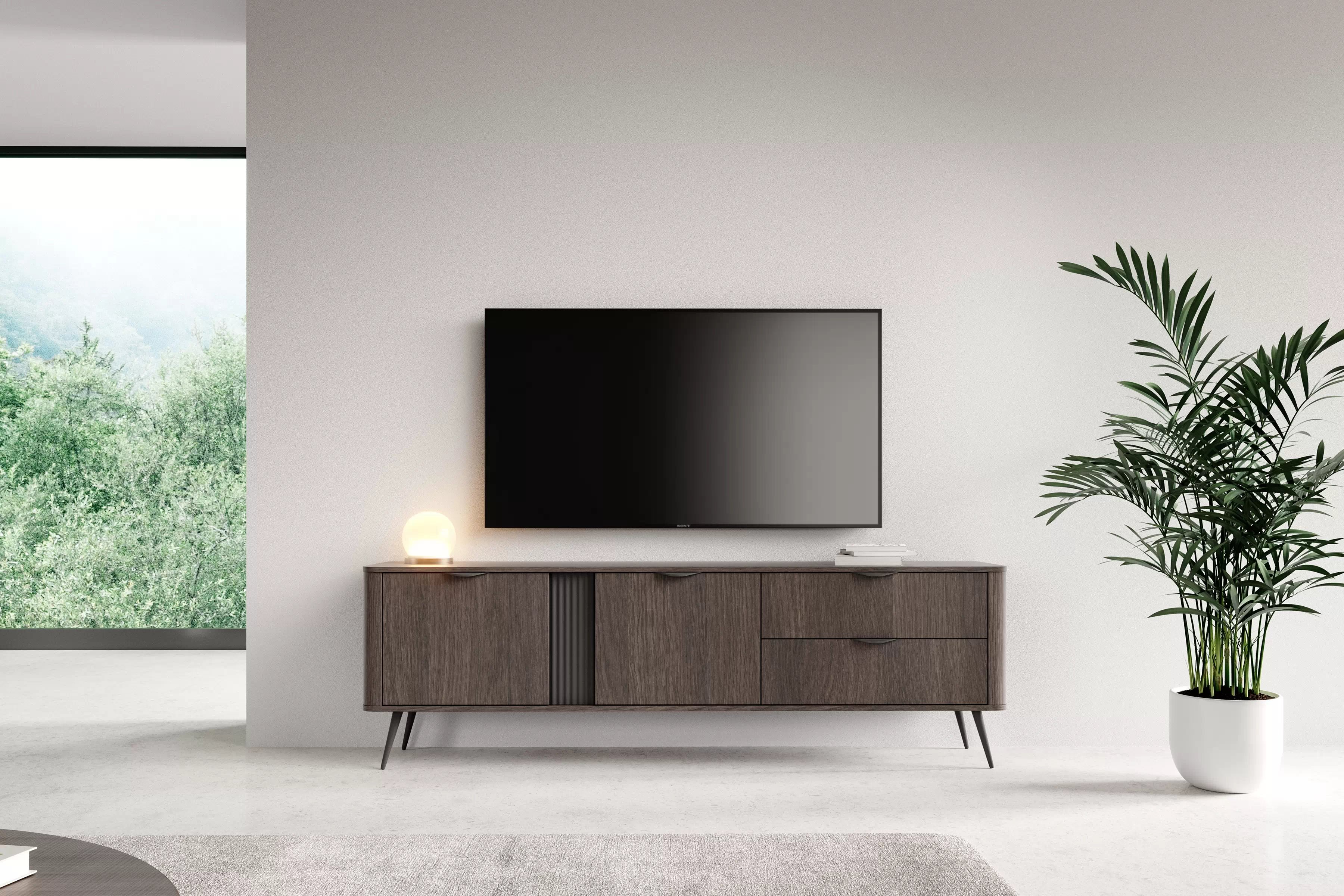 TV skrinka Edrin 195 cm so zásuvkami - dub dunin / čierna TV skrinka 195 cm so zásuvkami - Dub dunin / Čierny