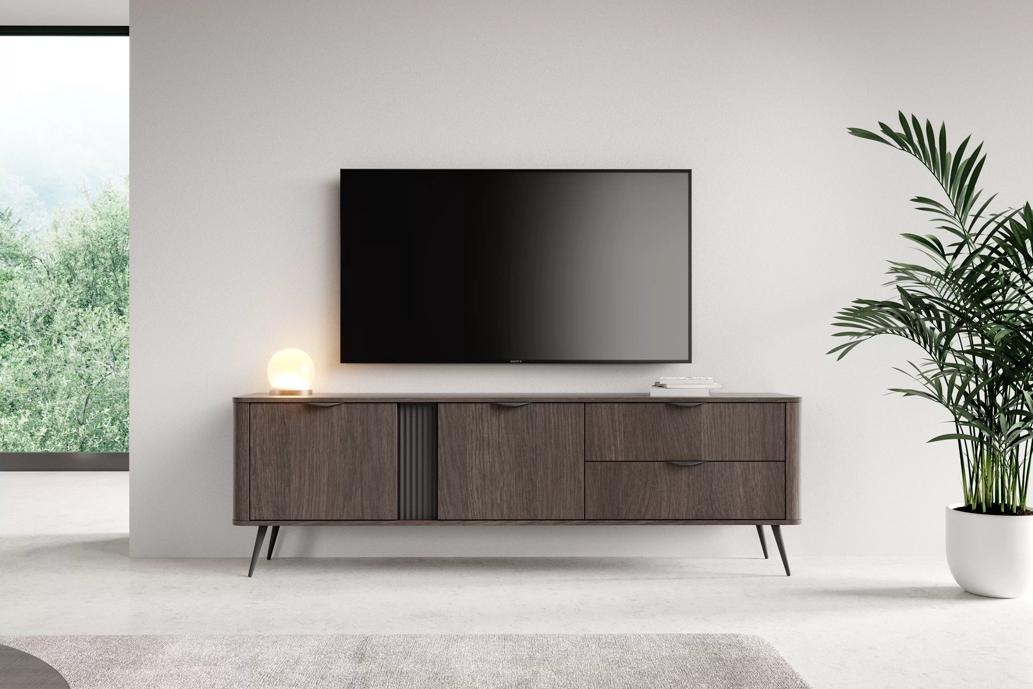 TV skrinka Edrin 195 cm so zásuvkami - dub dunin / čierna TV skrinka 195 cm so zásuvkami - Dub dunin / Čierny