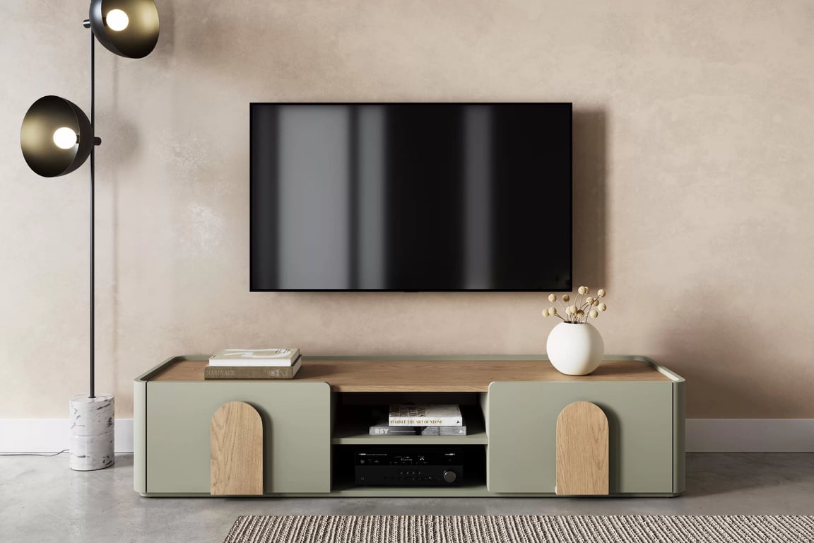 TV stolek Amilio 170 cm se zásuvkou - eukalyptus / dub baltic dune / úchyty dub přírodní skříňka RTV Amilio 170 cm z szuflada - eukaliptus / dub baltic dune / Úchytky dub přírodní