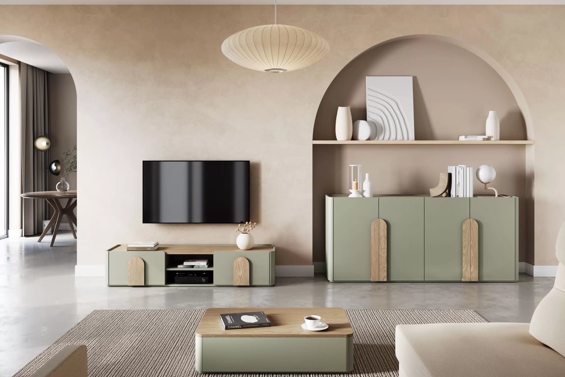 TV stolek Amilio 170 cm se zásuvkou - eukalyptus / dub baltic dune / úchyty dub přírodní skříňka RTV Amilio 170 cm z szuflada - eukaliptus / dub baltic dune / Úchytky dub přírodní