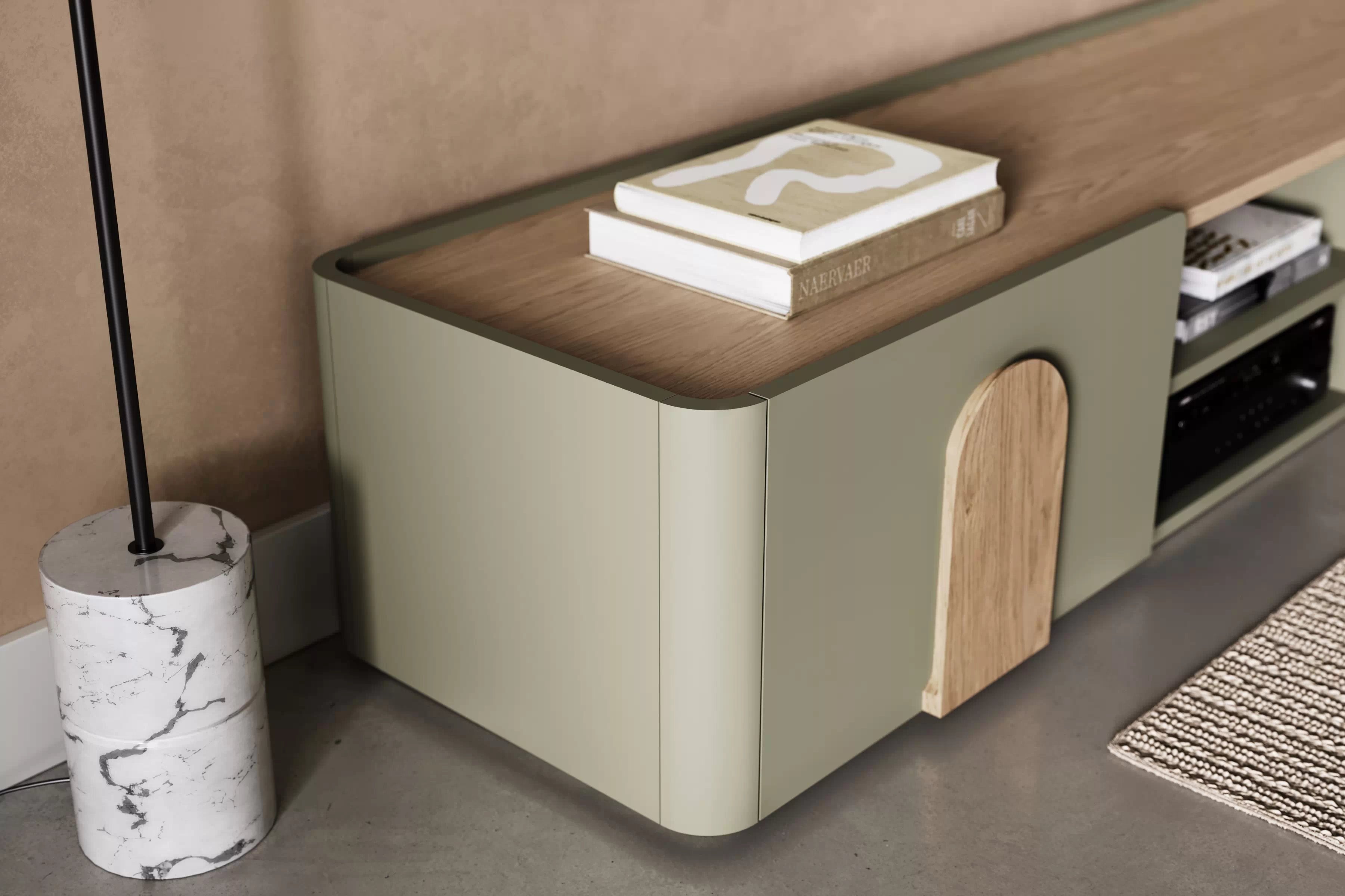 TV stolík Amilio 170 cm - eukalyptus / dub baltic dune / dub prírodný TV skrinka Amilio 170 cm z szuflada - eukaliptus / Dub baltic dune / úchyty Dub prírodné