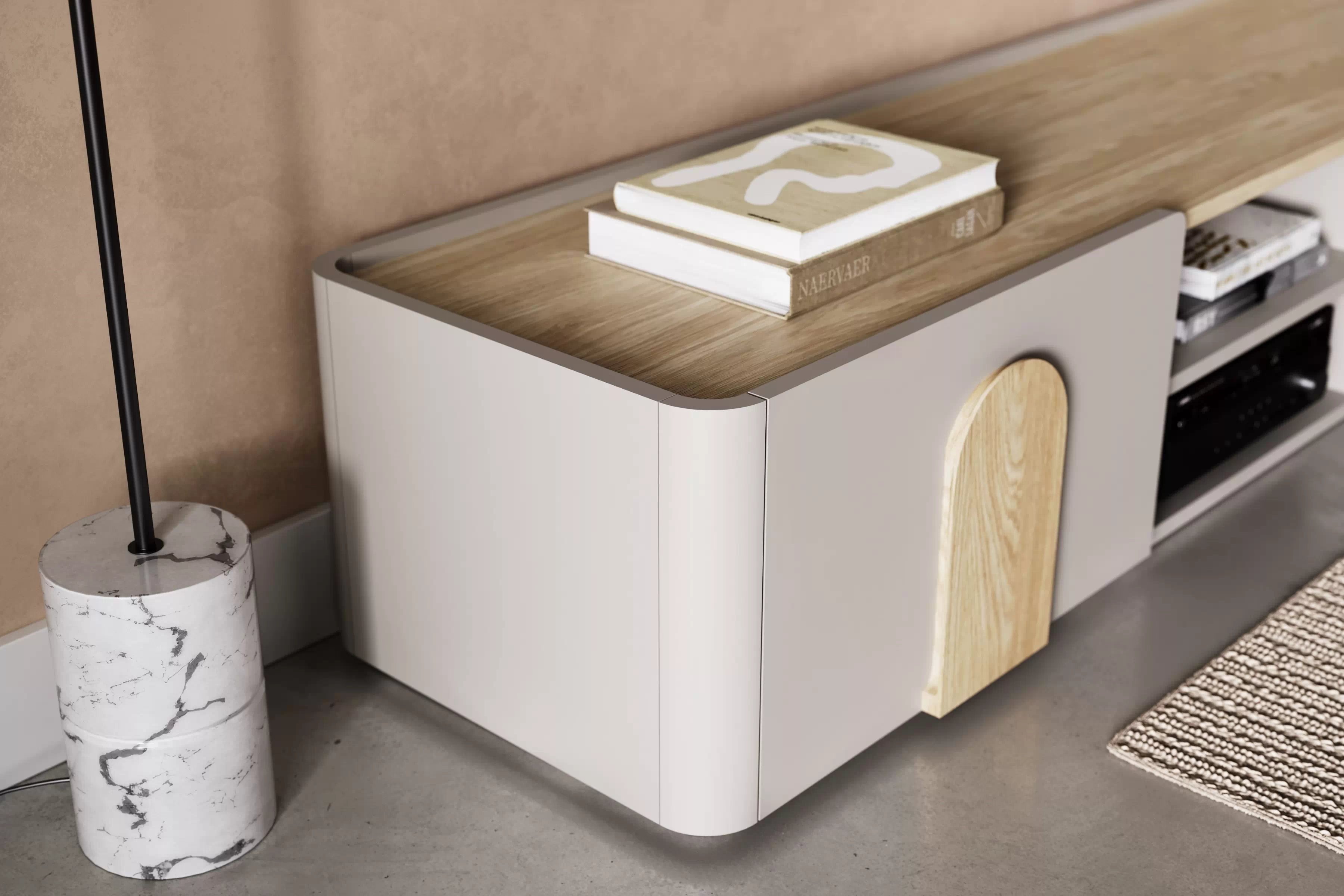 TV stolík Amilio 170 cm so zásuvkou - kašmír / olejovaný dub / úchytky svetlý dub TV skrinka Amilio 170 cm z szuflada - kašmír / Dub olejowany / úchyty Svetlý dub