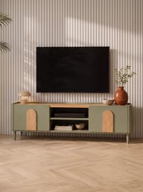 Moderní TV skříňka Amilio 170 cm s šuplíkem na nožkách - eukalyptus / dub baltic dune / úchyty dub přírodní RTV komoda Amilio 170 cm olivová se zásuvkou a eukalyptovými dvířky