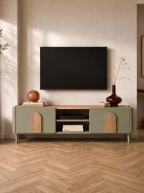 Moderní TV skříňka Amilio 170 cm s šuplíkem na nožkách - eukalyptus / dub baltic dune / úchyty dub přírodní RTV skříňka Amilio 170 cm v barvě eukalypt s zásuvkou, dub baltic dune deska, nohy