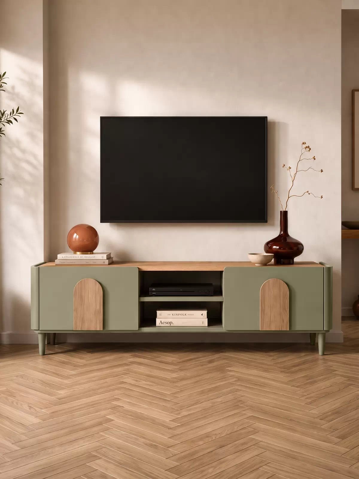 Moderní TV skříňka Amilio 170 cm s šuplíkem na nožkách - eukalyptus / dub baltic dune / úchyty dub přírodní RTV skříňka Amilio 170 cm v barvě eukalypt s zásuvkou, dub baltic dune deska, nohy