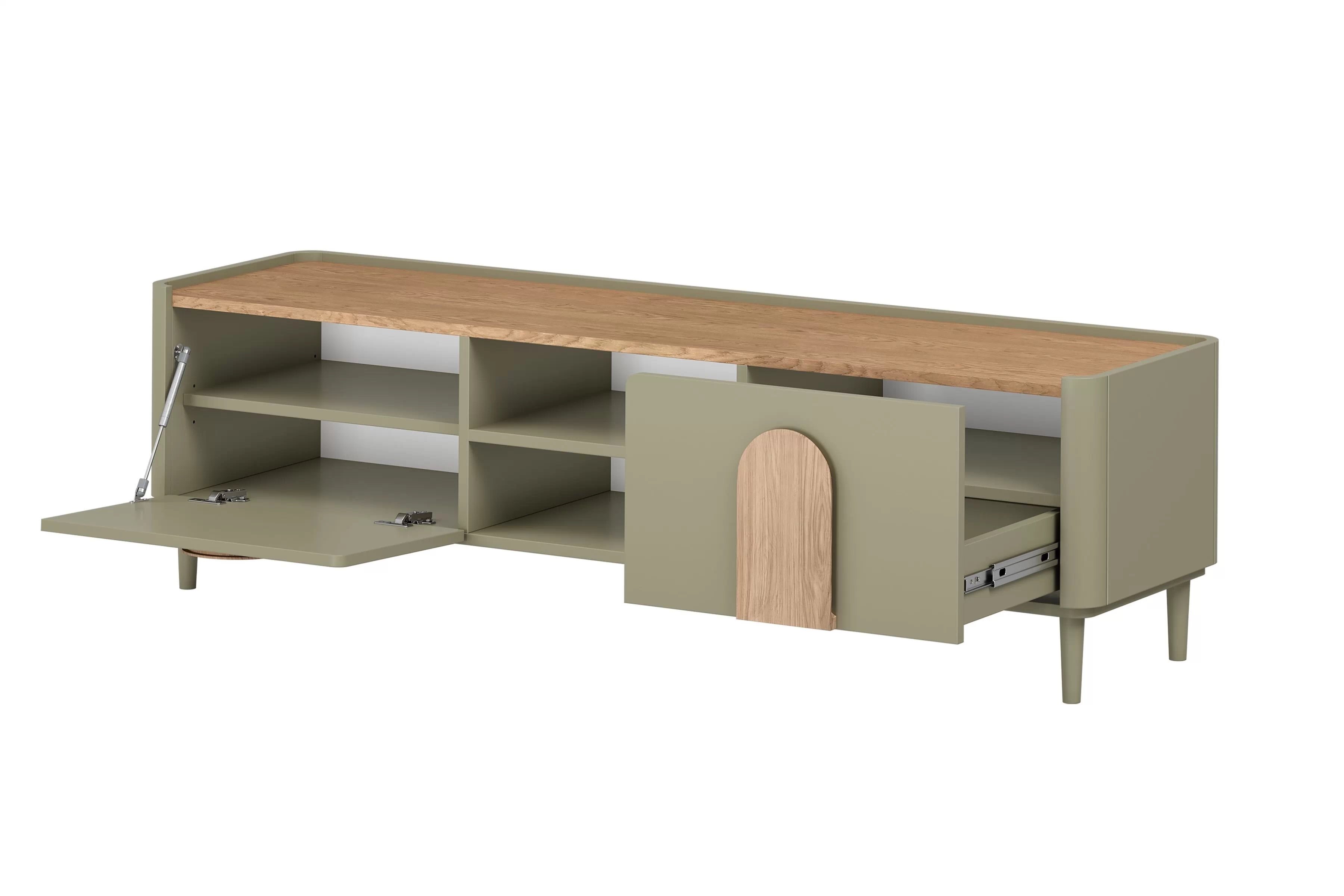 TV stolík Amilio 170 cm na nožičkách - eukalyptus / dub baltic dune / dub prírodný TV skrinka Amilio 170 cm z szuflada na nôžkach - eukaliptus / Dub baltic dune / úchyty Dub prírodné