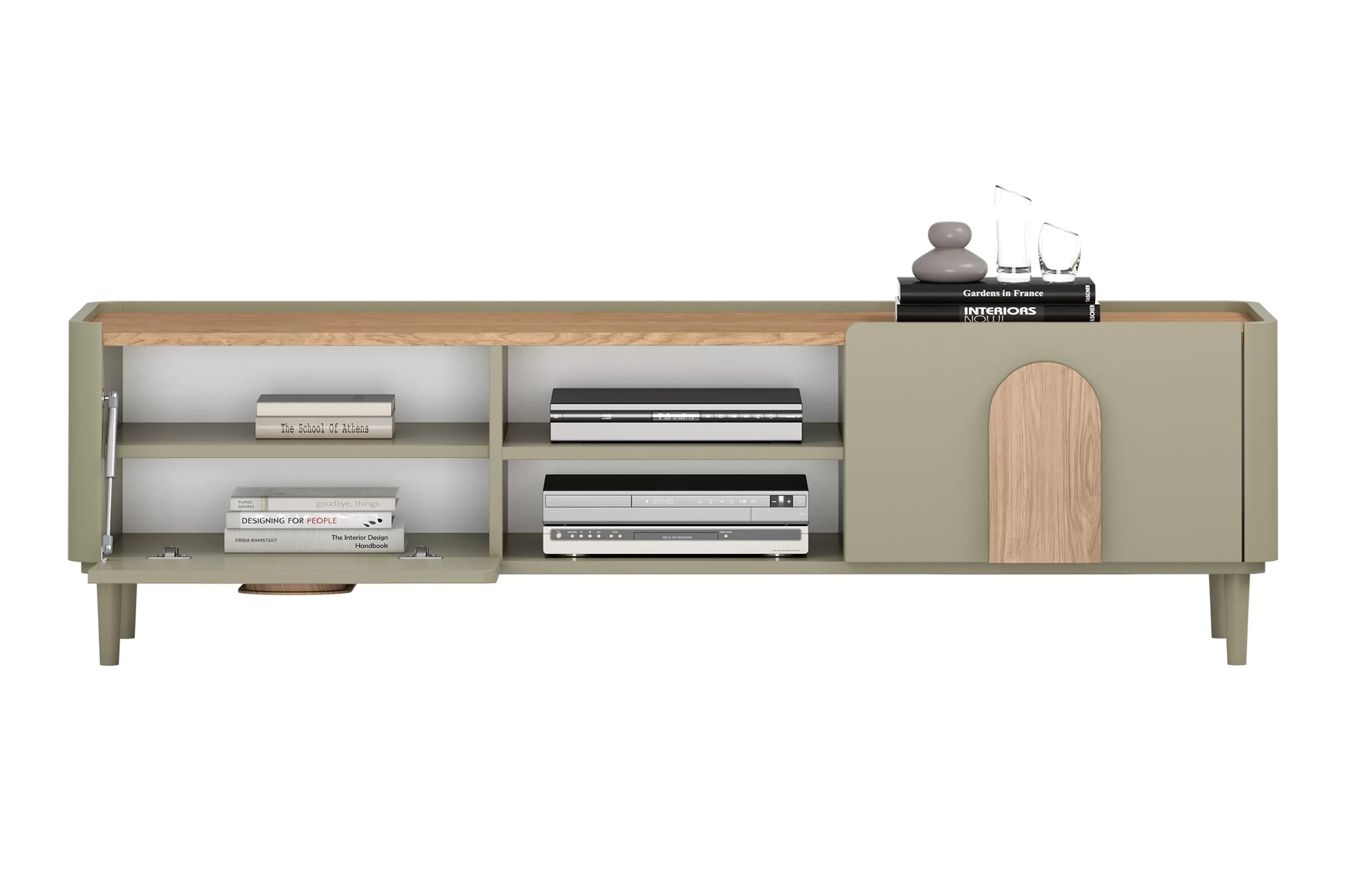 TV stolík Amilio 170 cm na nožičkách - eukalyptus / dub baltic dune / dub prírodný TV skrinka Amilio 170 cm z szuflada na nôžkach - eukaliptus / Dub baltic dune / úchyty Dub prírodné