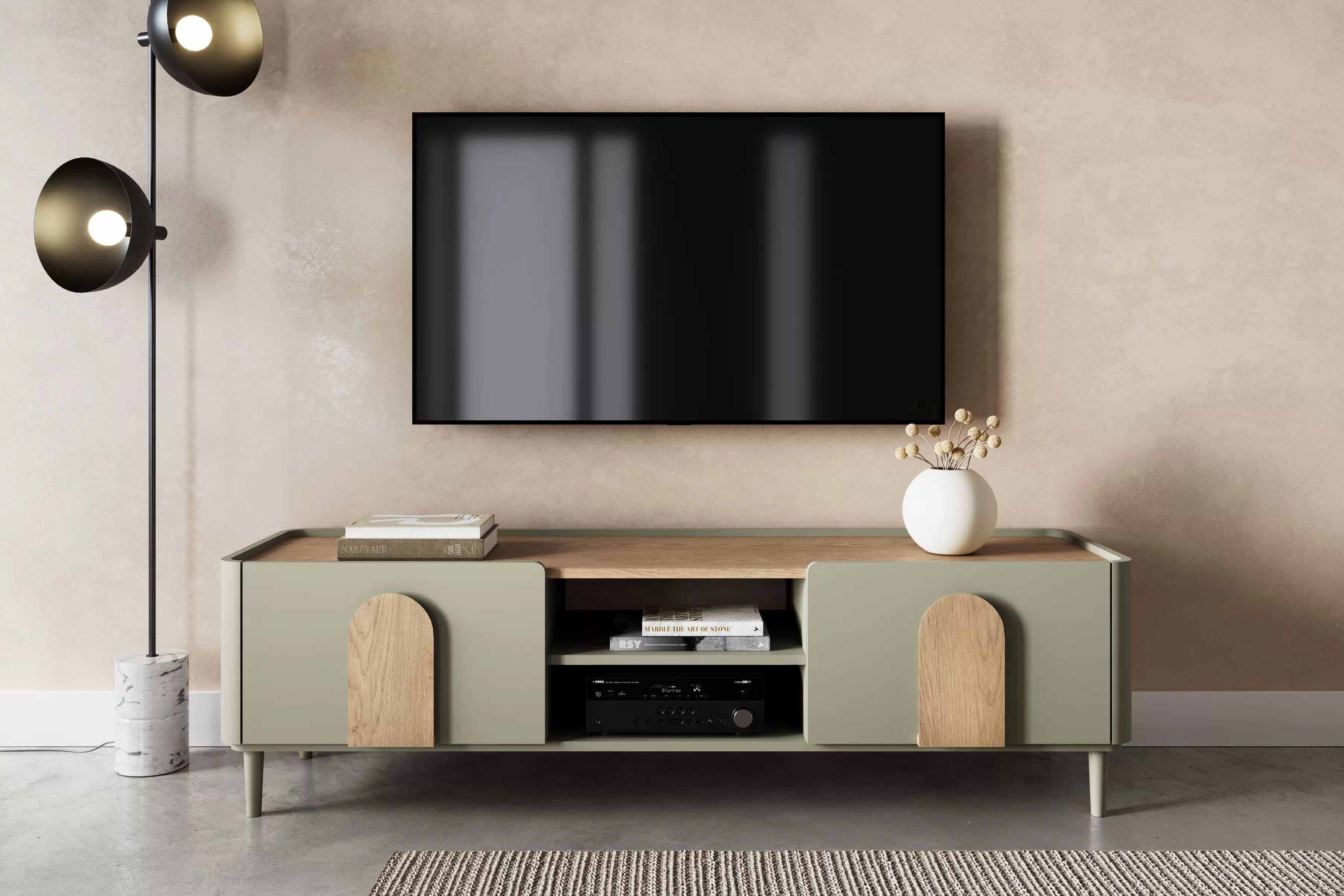 TV stolík Amilio 170 cm na nožičkách - eukalyptus / dub baltic dune / dub prírodný TV skrinka Amilio 170 cm z szuflada na nôžkach - eukaliptus / Dub baltic dune / úchyty Dub prírodné