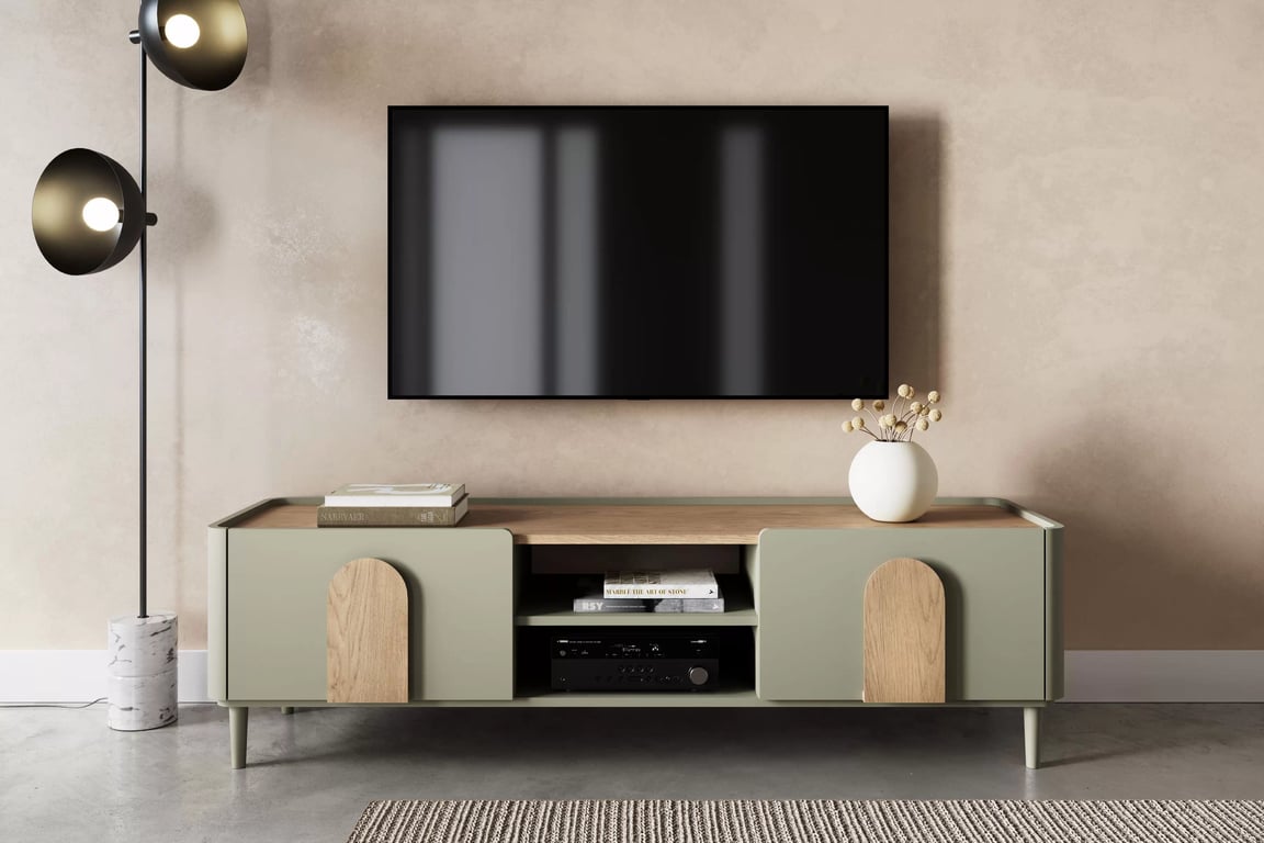TV stolek Amilio 170 cm se zásuvkou - eukalyptus / dub baltic dune / úchyty dub přírodní skříňka RTV Amilio 170 cm z szuflada na nožkách - eukaliptus / dub baltic dune / Úchytky dub přírodní