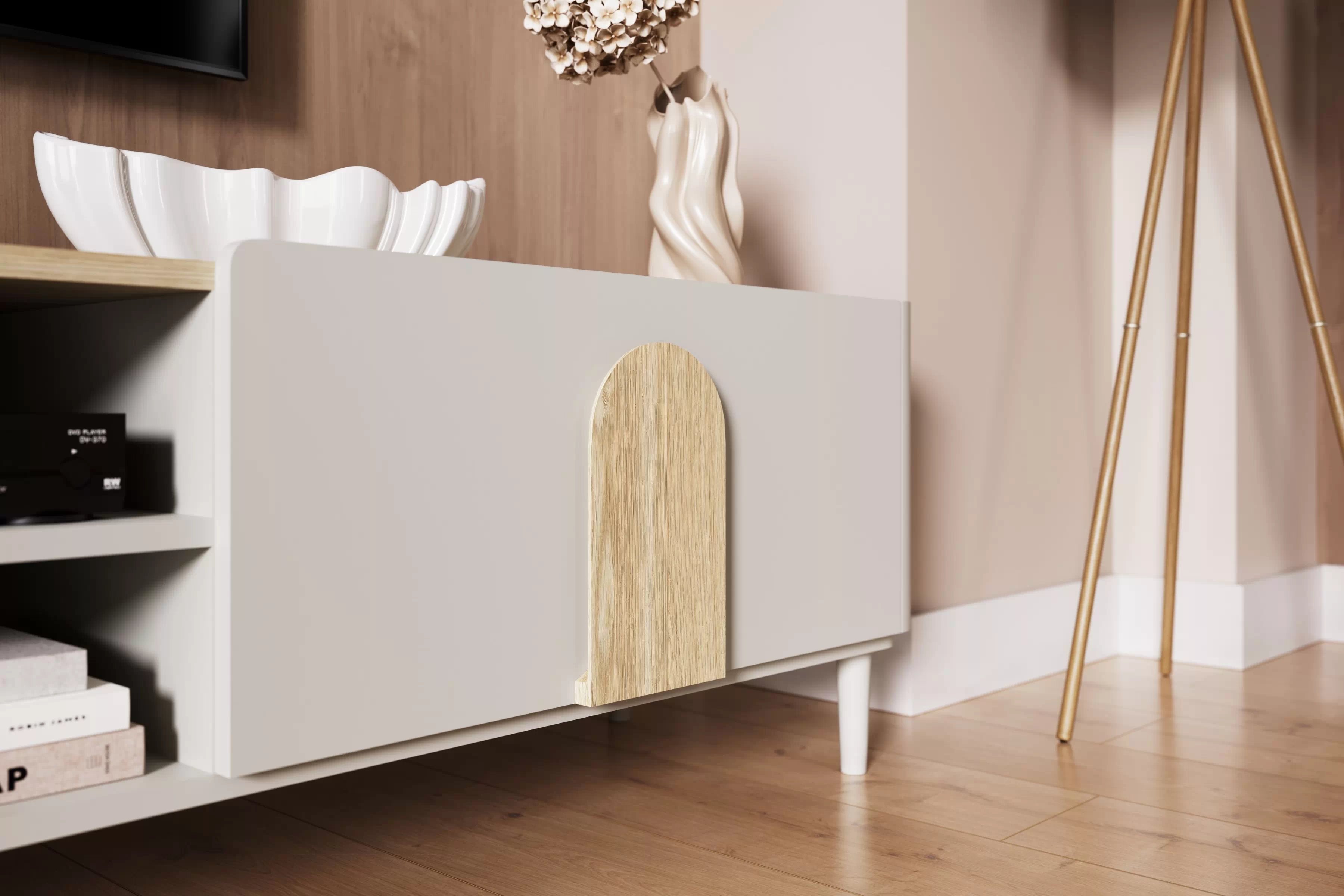 TV stolík Amilio 170 cm na nožičkách - kašmírová / dub olejovaný / dub svetlý TV skrinka Amilio 170 cm z szuflada na nôžkach - kašmír / Dub olejowany / úchyty Svetlý dub