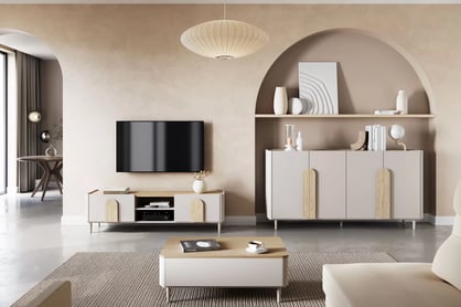 TV stolek Amilio 170 cm se zásuvkou - kašmír / dub olejovaný / úchyty dub světlý skříňka RTV Amilio 170 cm z szuflada na nožkách - kašmír / dub olejowany / Úchytky světlý dub