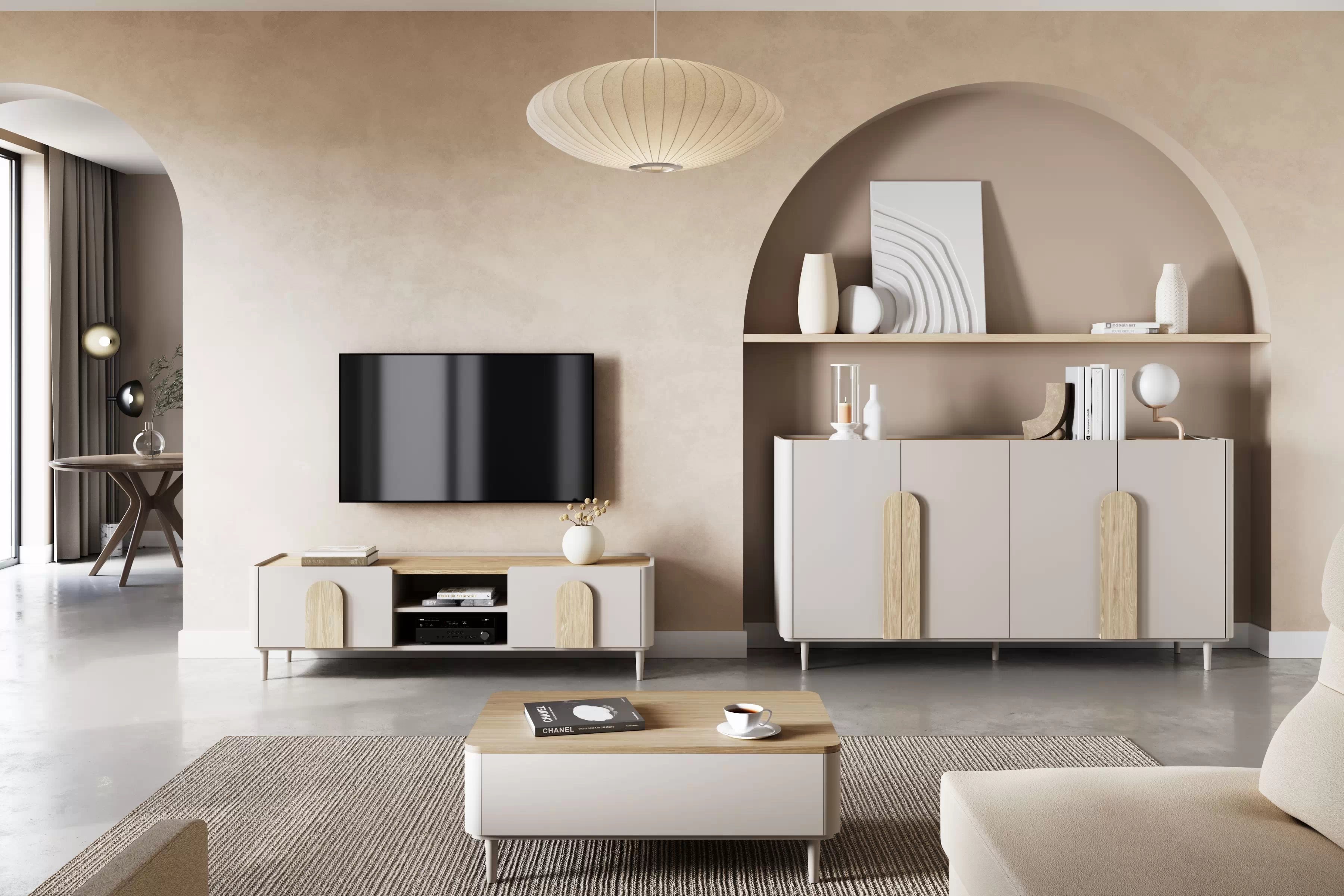 TV stolík Amilio 170 cm na nožičkách - kašmírová / dub olejovaný / dub svetlý TV skrinka Amilio 170 cm z szuflada na nôžkach - kašmír / Dub olejowany / úchyty Svetlý dub