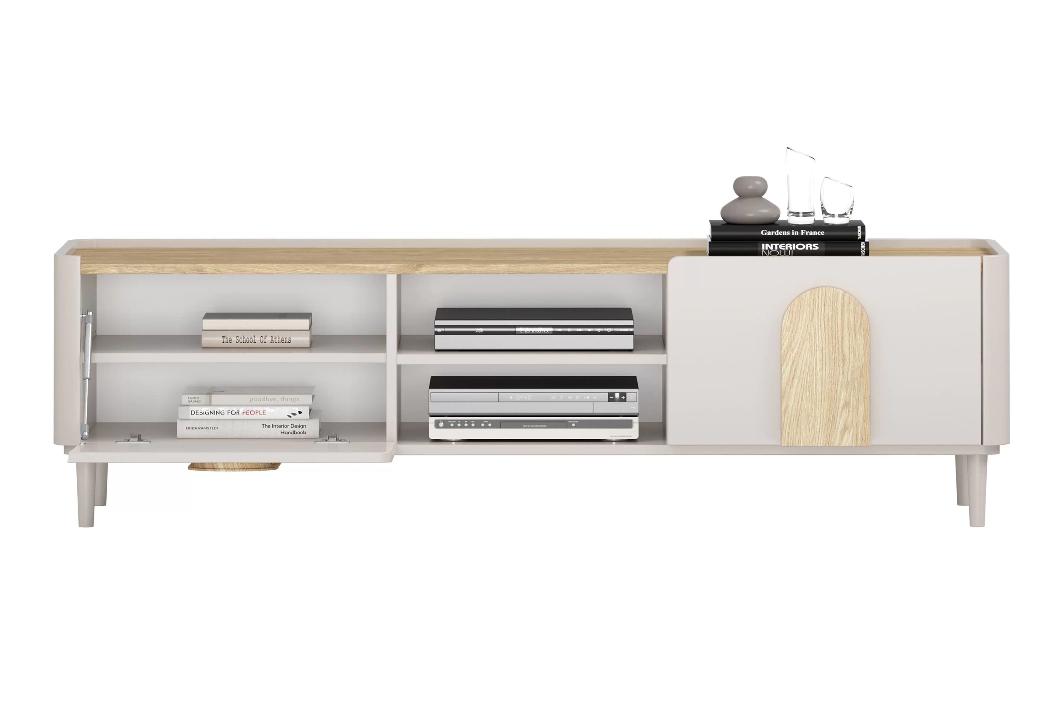 TV stolík Amilio 170 cm na nožičkách - kašmírová / dub olejovaný / dub svetlý TV skrinka Amilio 170 cm z szuflada na nôžkach - kašmír / Dub olejowany / úchyty Svetlý dub