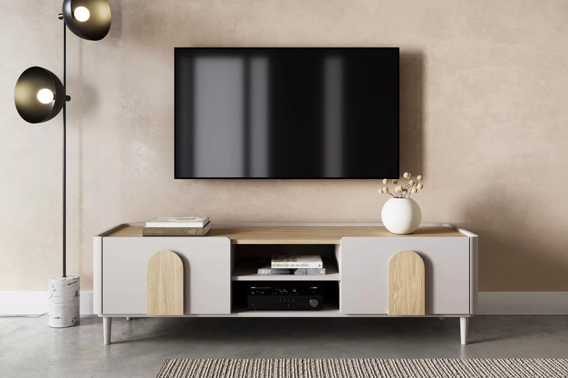 TV stolek Amilio 170 cm se zásuvkou - kašmír / dub olejovaný / úchyty dub světlý skříňka RTV Amilio 170 cm z szuflada na nožkách - kašmír / dub olejowany / Úchytky světlý dub