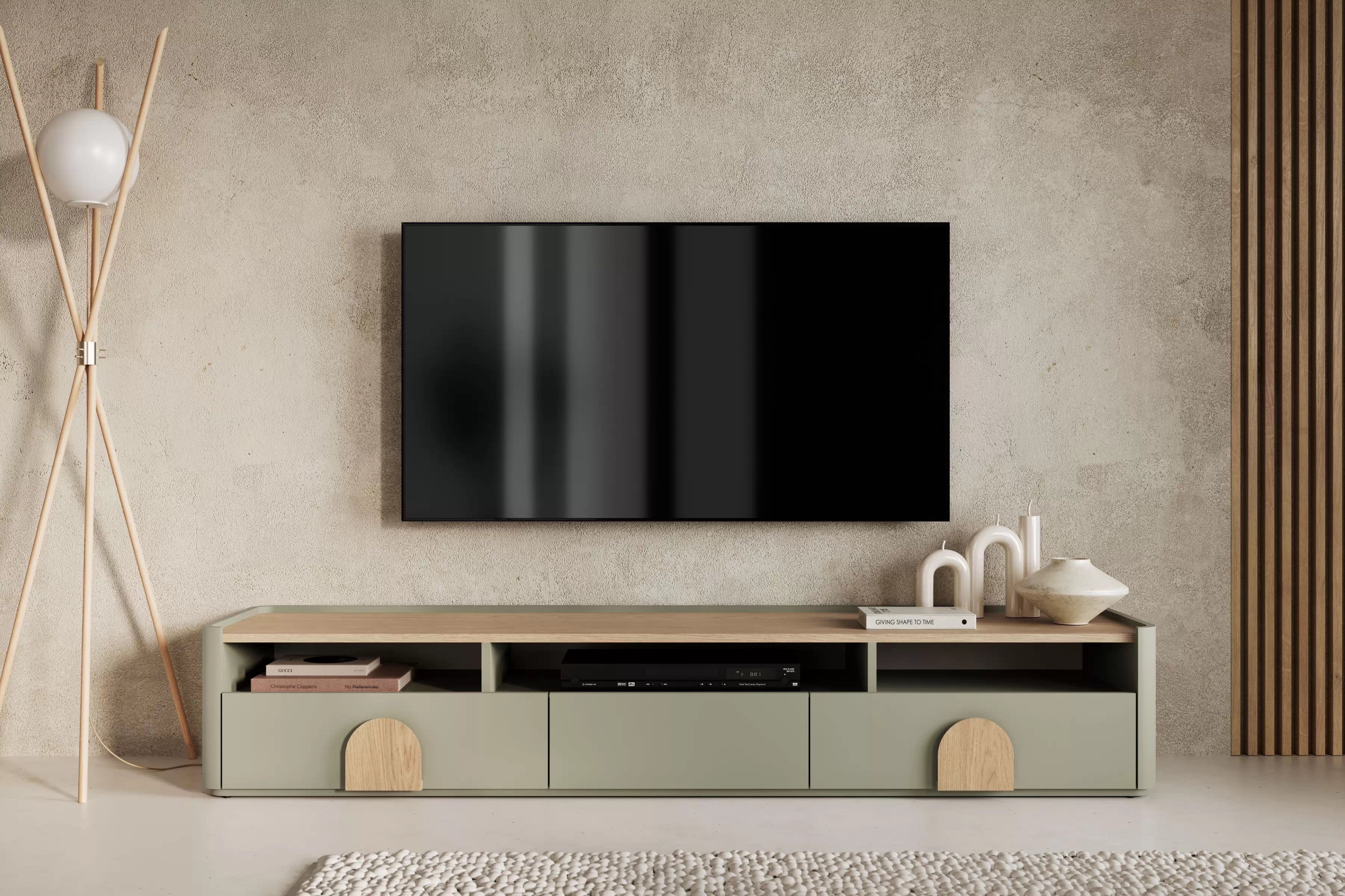 TV stolík Amilio 200 cm - eukalyptus / dub baltic dune / dub prírodný TV skrinka Amilio 200 cm so zásuvkami - eukaliptus / Dub baltic dune / úchyty Dub prírodné