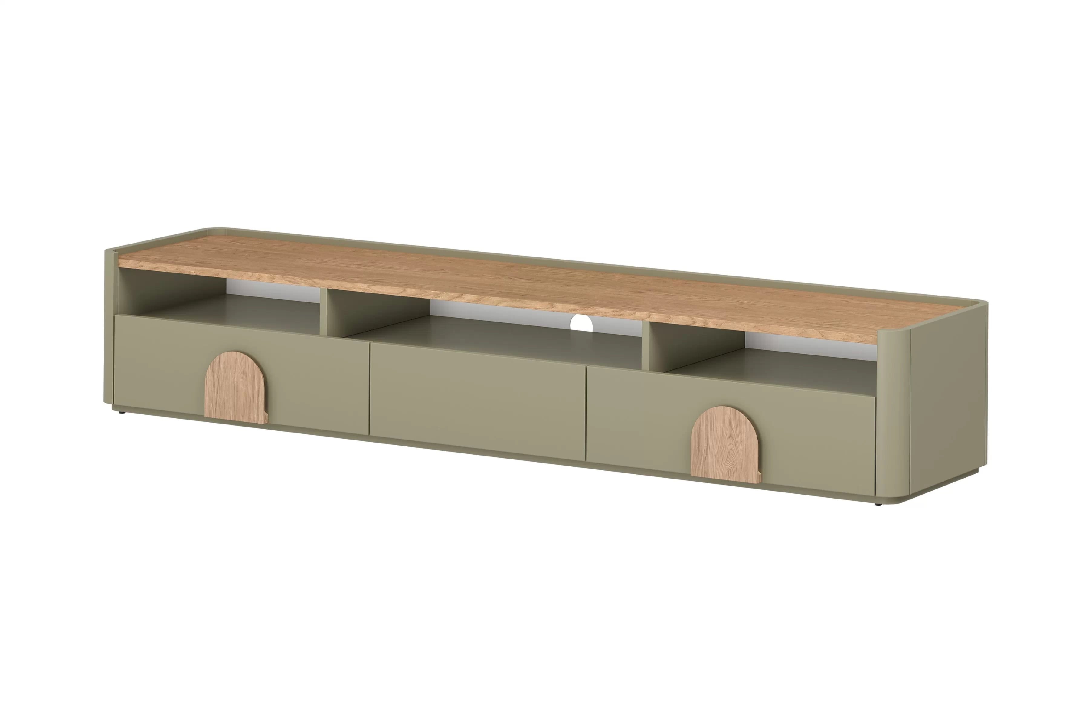 TV stolík Amilio 200 cm - eukalyptus / dub baltic dune / dub prírodný TV skrinka Amilio 200 cm so zásuvkami - eukaliptus / Dub baltic dune / úchyty Dub prírodné