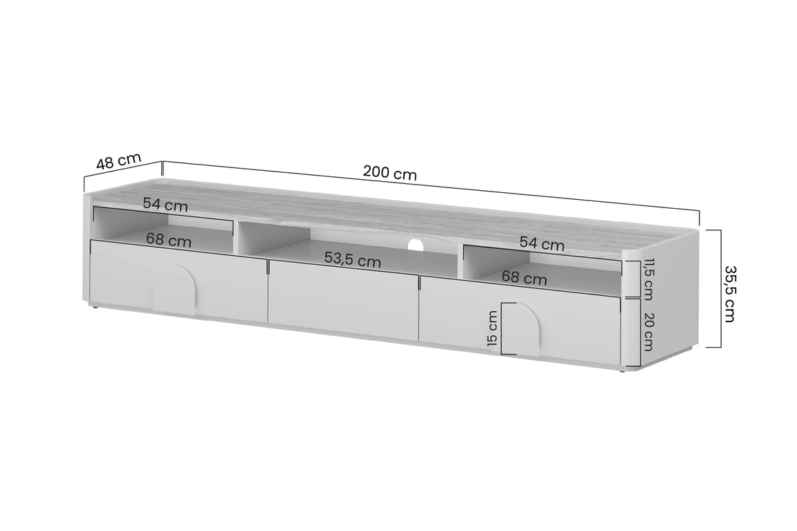TV stolek Amilio 220 cm se zásuvkou - eukalyptus / dub baltic dune / úchyty dub přírodní skříňka RTV Amilio 200 cm se zásuvkami - eukaliptus / dub baltic dune / Úchytky dub přírodní