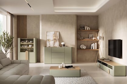 TV stolek Amilio 220 cm se zásuvkou - eukalyptus / dub baltic dune / úchyty dub přírodní skříňka RTV Amilio 200 cm se zásuvkami - eukaliptus / dub baltic dune / Úchytky dub přírodní