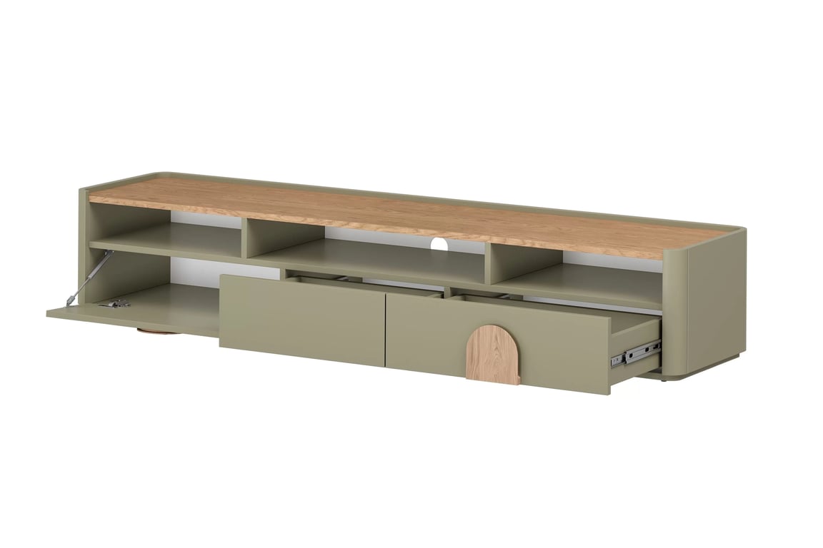 TV stolek Amilio 220 cm se zásuvkou - eukalyptus / dub baltic dune / úchyty dub přírodní skříňka RTV Amilio 200 cm se zásuvkami - eukaliptus / dub baltic dune / Úchytky dub přírodní
