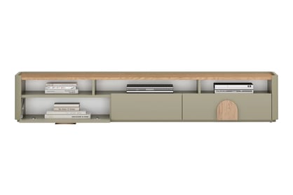 TV stolek Amilio 220 cm se zásuvkou - eukalyptus / dub baltic dune / úchyty dub přírodní skříňka RTV Amilio 200 cm se zásuvkami - eukaliptus / dub baltic dune / Úchytky dub přírodní