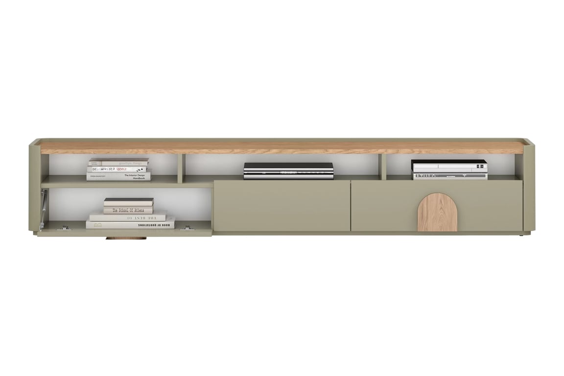 TV stolek Amilio 220 cm se zásuvkou - eukalyptus / dub baltic dune / úchyty dub přírodní skříňka RTV Amilio 200 cm se zásuvkami - eukaliptus / dub baltic dune / Úchytky dub přírodní