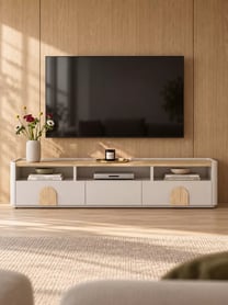 Moderní RTV skříňka Amilio 200 cm s zásuvkami - kašmír / olejovaný dub / úchyty světlý dub skříňka RTV Amilio 200 cm se zásuvkami - kašmír / dub olejowany / Úchytky světlý dub