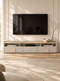 Moderní RTV skříňka Amilio 200 cm s zásuvkami - kašmír / olejovaný dub / úchyty světlý dub skříňka RTV Amilio 200 cm se zásuvkami - kašmír / dub olejowany / Úchytky světlý dub