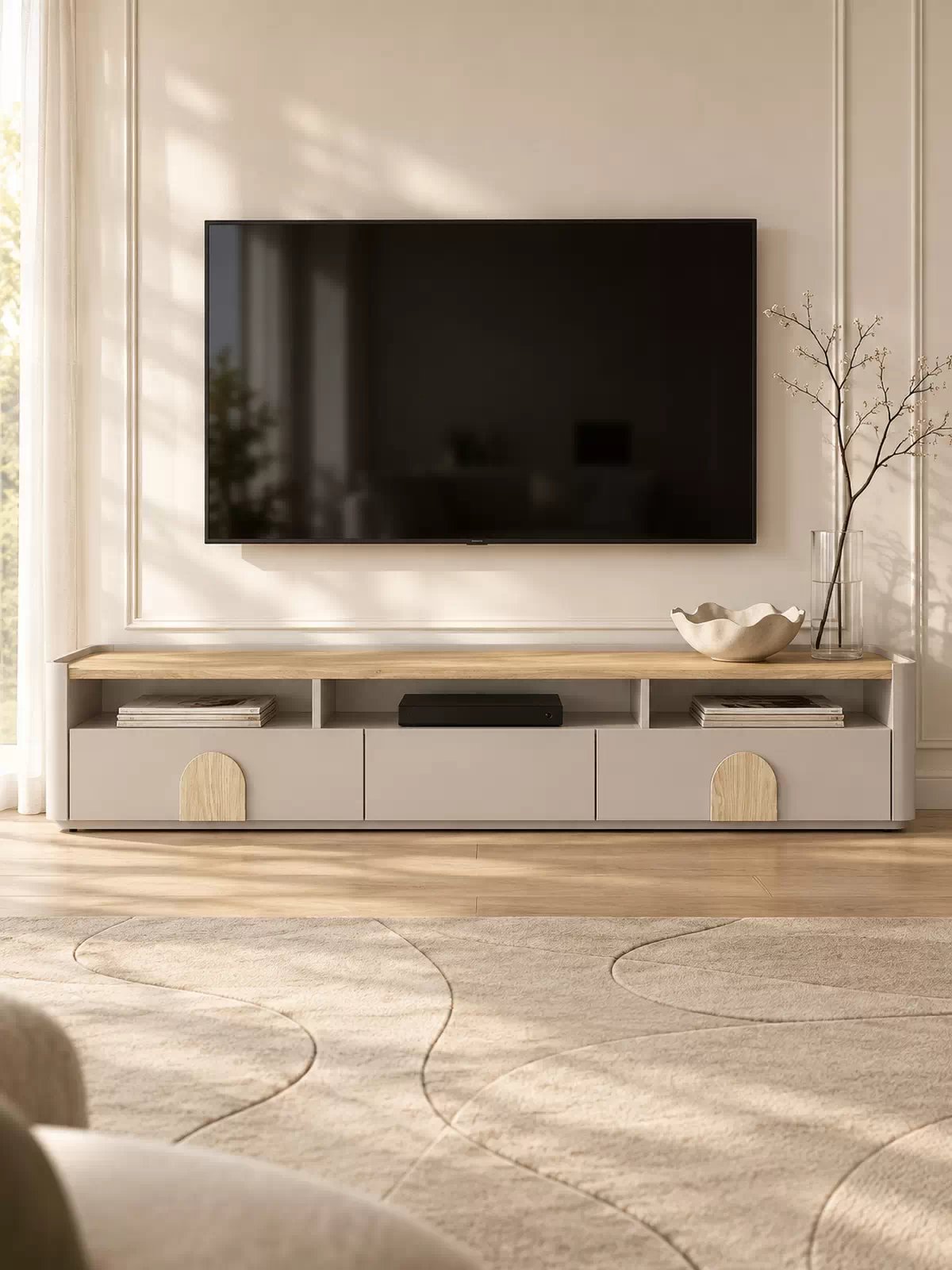 Moderní RTV skříňka Amilio 200 cm s zásuvkami - kašmír / olejovaný dub / úchyty světlý dub skříňka RTV Amilio 200 cm se zásuvkami - kašmír / dub olejowany / Úchytky světlý dub