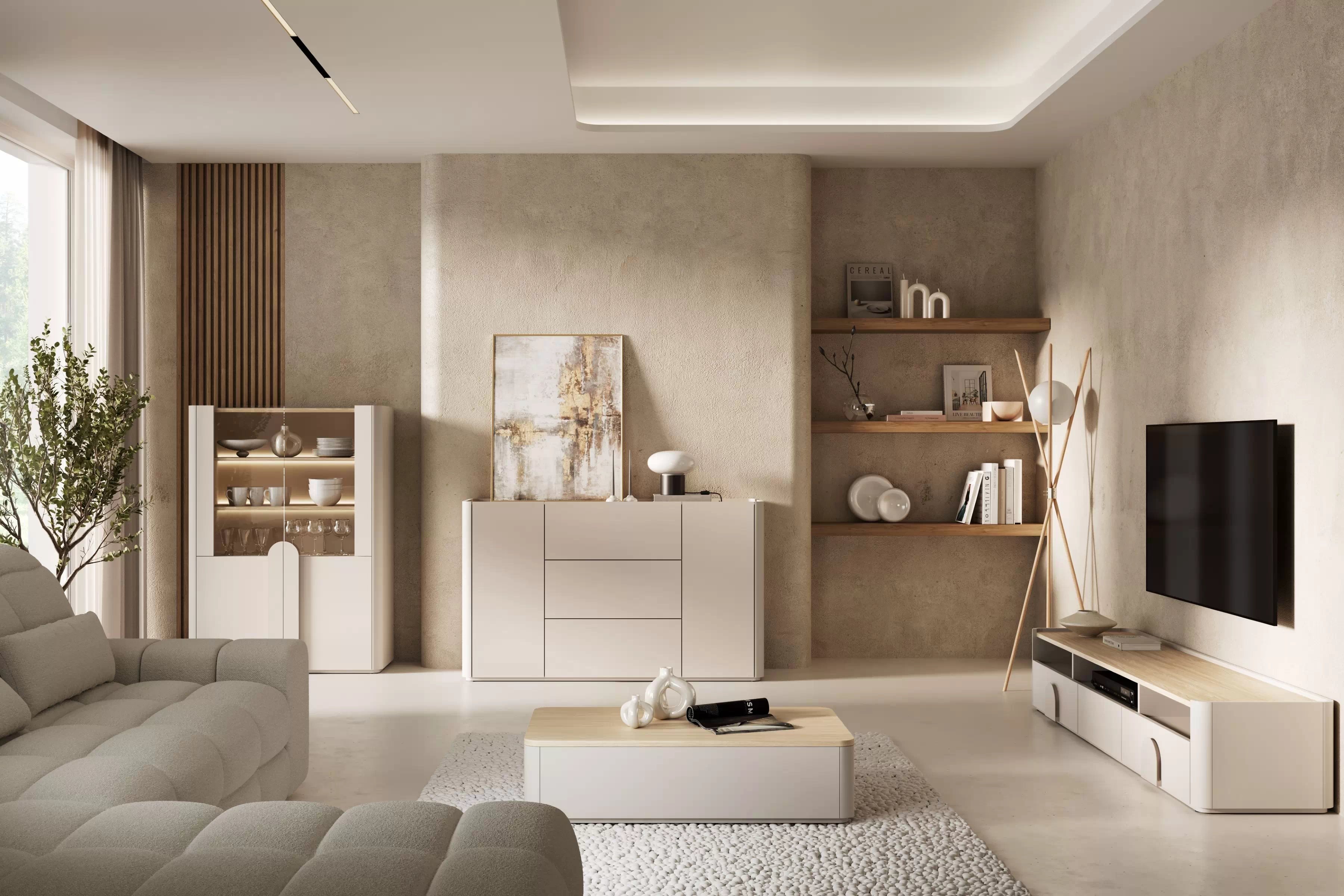 TV stolík Amilio 200 cm - kašmírová / dub olejovaný TV skrinka Amilio 200 cm so zásuvkami - kašmír / Dub olejowany / úchyty kašmír