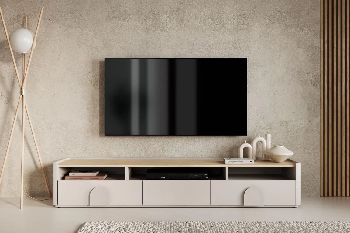 TV stolek Amilio 200 cm se zásuvkami - kašmír / dub olejovaný / úchyty kašmír skříňka RTV Amilio 200 cm se zásuvkami - kašmír / dub olejowany / Úchytky kašmír