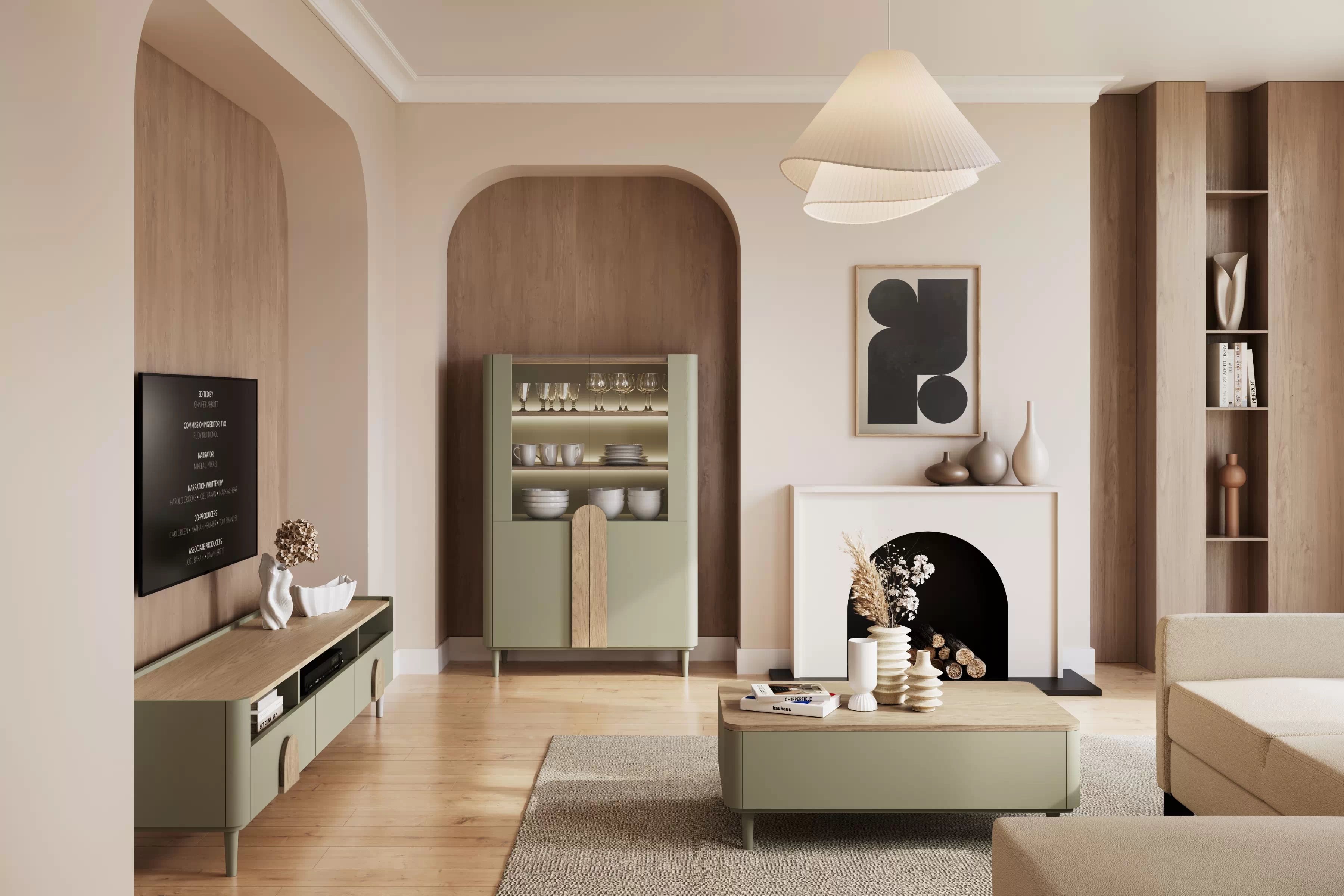 TV skrinka Amilio 200 cm na nožičkách - eukalyptus / dub baltic dune / dub prírodný TV skrinka Amilio 200 cm so zásuvkami na nôžkach - eukaliptus / Dub baltic dune / úchyty Dub prírodné