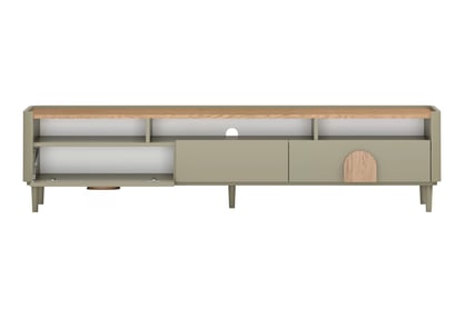 TV stolek Amilio 200 cm se zásuvkami - eukalyptus / dub baltic dune / úchyty dub přírodní skříňka RTV Amilio 200 cm se zásuvkami na nožkách - eukaliptus / dub baltic dune / Úchytky dub přírodní
