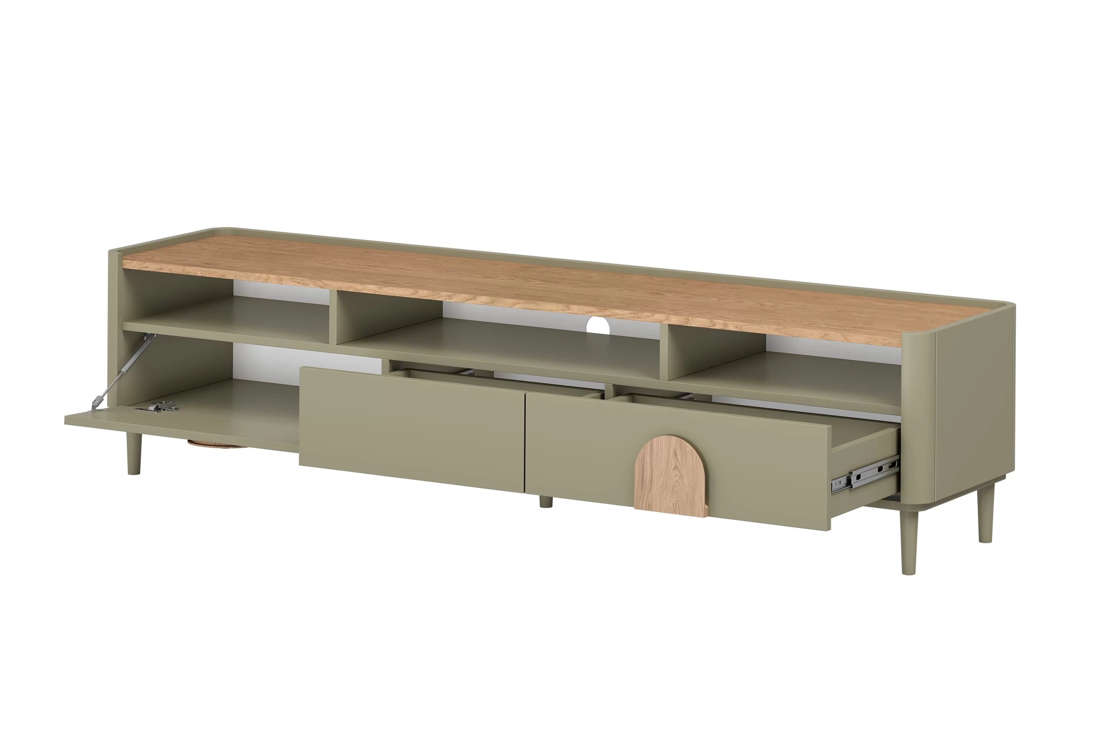 TV skrinka Amilio 200 cm na nožičkách - eukalyptus / dub baltic dune / dub prírodný TV skrinka Amilio 200 cm so zásuvkami na nôžkach - eukaliptus / Dub baltic dune / úchyty Dub prírodné