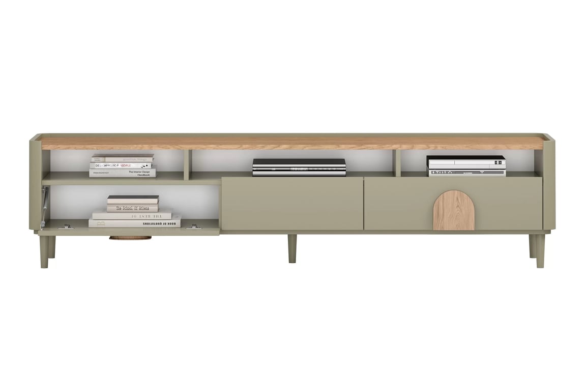 TV stolek Amilio 200 cm se zásuvkami - eukalyptus / dub baltic dune / úchyty dub přírodní skříňka RTV Amilio 200 cm se zásuvkami na nožkách - eukaliptus / dub baltic dune / Úchytky dub přírodní
