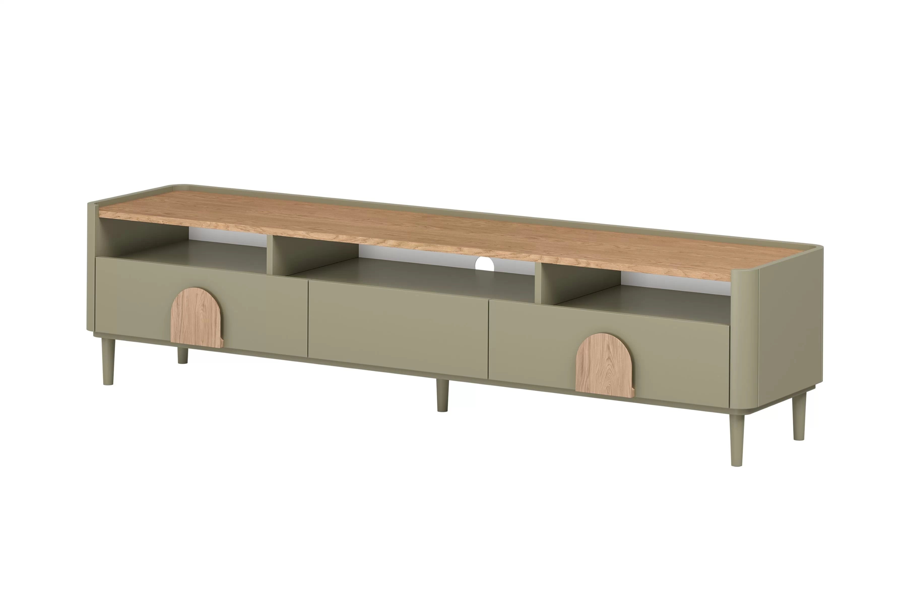 TV skrinka Amilio 200 cm na nožičkách - eukalyptus / dub baltic dune / dub prírodný TV skrinka Amilio 200 cm so zásuvkami na nôžkach - eukaliptus / Dub baltic dune / úchyty Dub prírodné