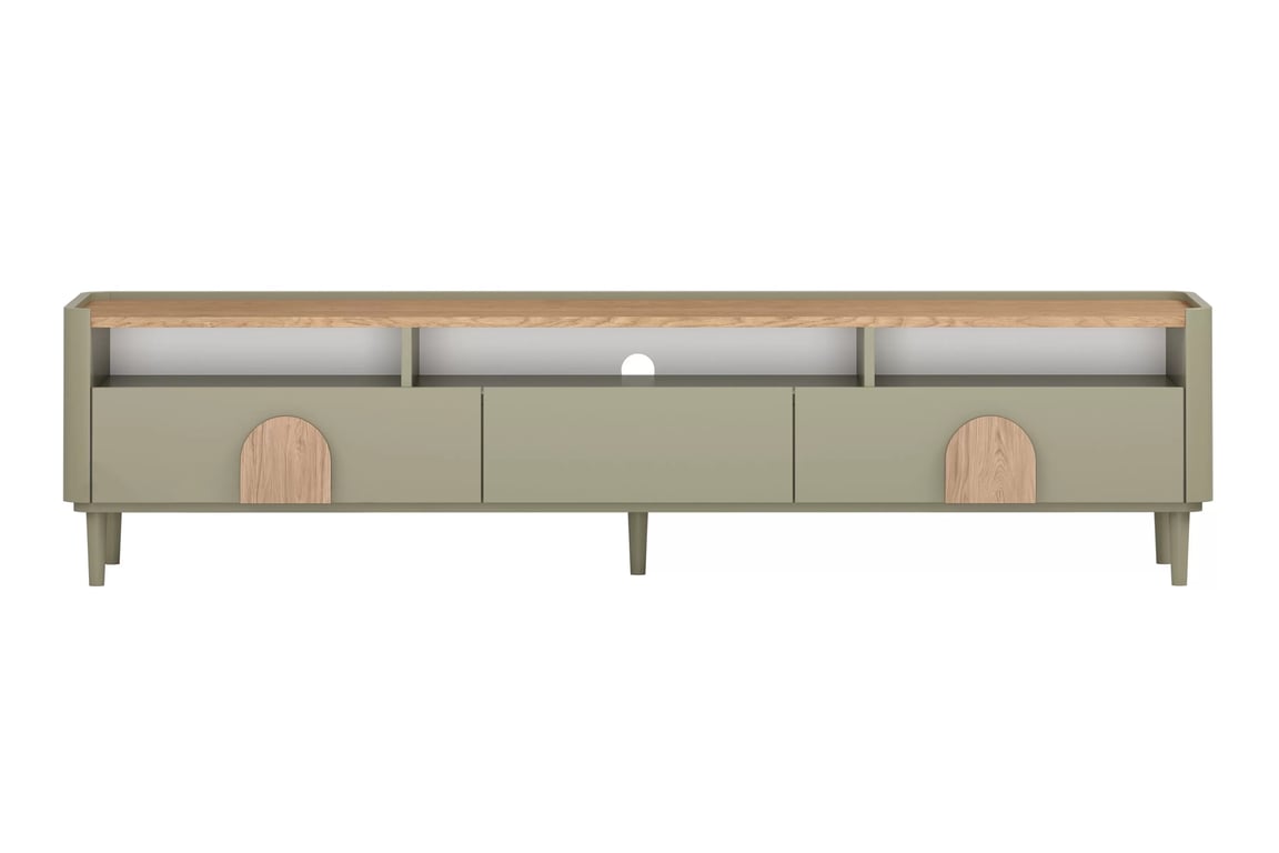 TV stolek Amilio 200 cm se zásuvkami - eukalyptus / dub baltic dune / úchyty dub přírodní skříňka RTV Amilio 200 cm se zásuvkami na nožkách - eukaliptus / dub baltic dune / Úchytky dub přírodní